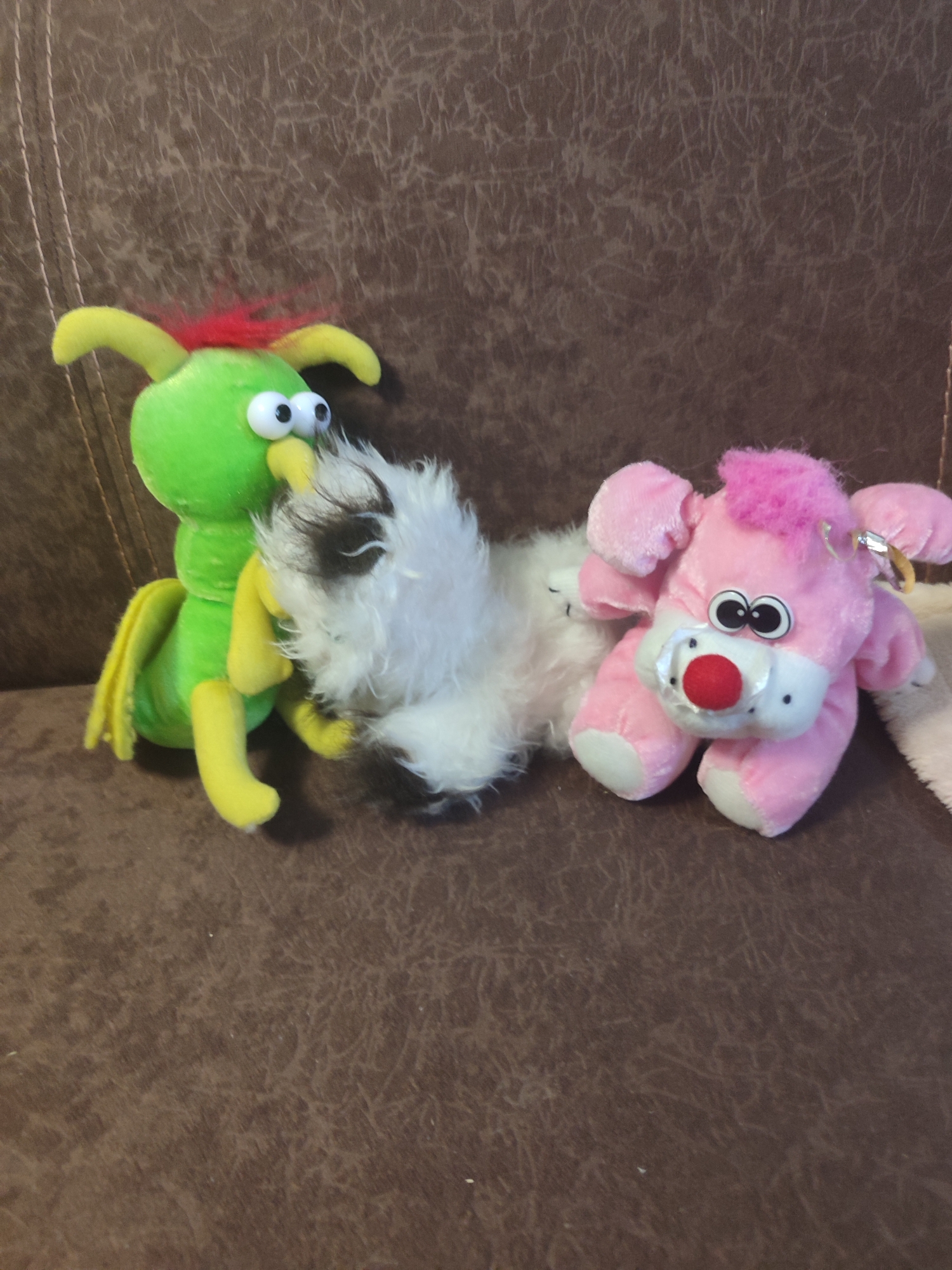 Two stuffed animals are placed on a brown couch. On the left is a green stuffed creature with yellow limbs and red tufts of fur on its head. In the middle is a white fluffy stuffed animal. On the right is a pink stuffed dog with large eyes, a red nose, and pink fur on its head. The stuffed animals are positioned close together, with the white fluffy one appearing to be between the green creature and the pink dog. The couch has a textured surface with visible lines and patterns. The lighting suggests an indoor setting, likely a domestic environment. There is no visible evidence to suggest this scene is located in Mykolaiv, Ukraine.