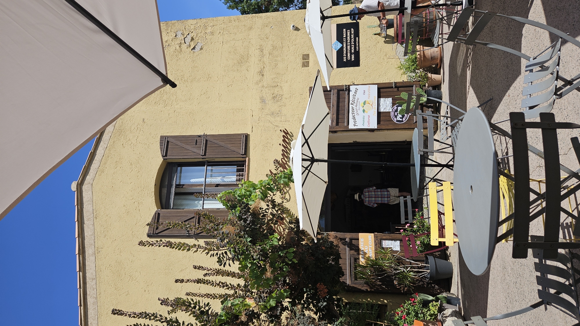 The image depicts the exterior of a building with yellow stucco walls, possibly a shop or winery, in Sant'Antonino, France. The building has brown wooden shutters on an arched window and a large open doorway. A person wearing a plaid shirt and shorts is walking into the building. White umbrellas are set up outside, providing shade for tables and chairs. A sign on the building reads "Producteur Récoltant" and lists items like "Amandes, Confitures, Jus de Citrons, Vins, Huile d'Olive." Another sign, partially visible, says "JUS D'AGRUMES ET RAISIN CONFITURE D'AGRUMES VINS - HUILE D'OLIVE AOP CLOS ANTONINI." Plants, including a vine-covered tree and potted plants, are visible around the entrance and the outdoor seating area. The scene appears to be a sunny day, with a clear blue sky.