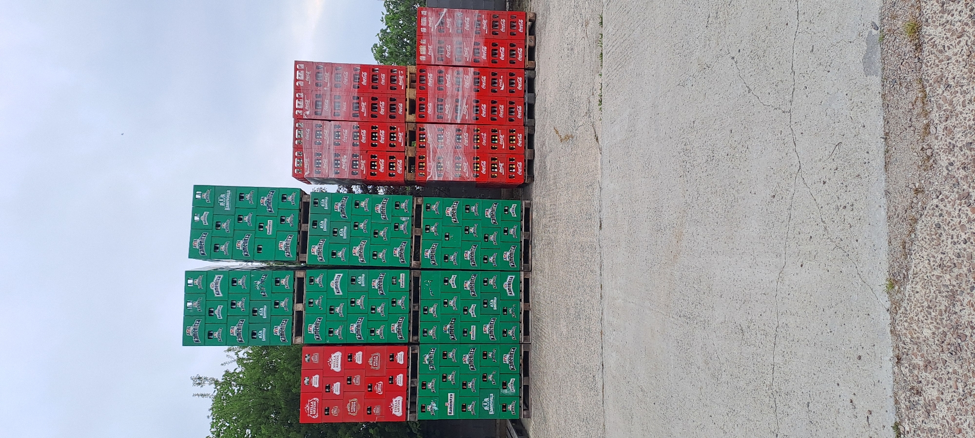 The image displays an outdoor scene featuring multiple tall stacks of beverage crates. On the left side of the frame, numerous green crates are stacked several high on wooden pallets. These crates are primarily labeled "Kamenitza" in both Latin and Cyrillic script. To the right and above these, a significant quantity of red crates is stacked, also on pallets. Many of these red crates prominently display the "Coca-Cola" logo. In the lower section of the red crates, some are identified with the "STELLA ARTOIS" brand.
The ground on the right side of the image consists of light grey concrete pavement, which shows some minor cracks and discoloration. Along the right edge of the concrete, there is a boundary of lighter-colored gravel and sparse greenery. The upper left portion of the image shows a bright, overcast sky, indicating it is daytime. Some green foliage, likely from trees, is visible in the background, particularly around and behind the crate stacks.
The scene depicts an industrial or storage area, possibly for a beverage distributor in Velika, Bulgaria. No people or active events are present, suggesting the crates are in a static storage or staging state.