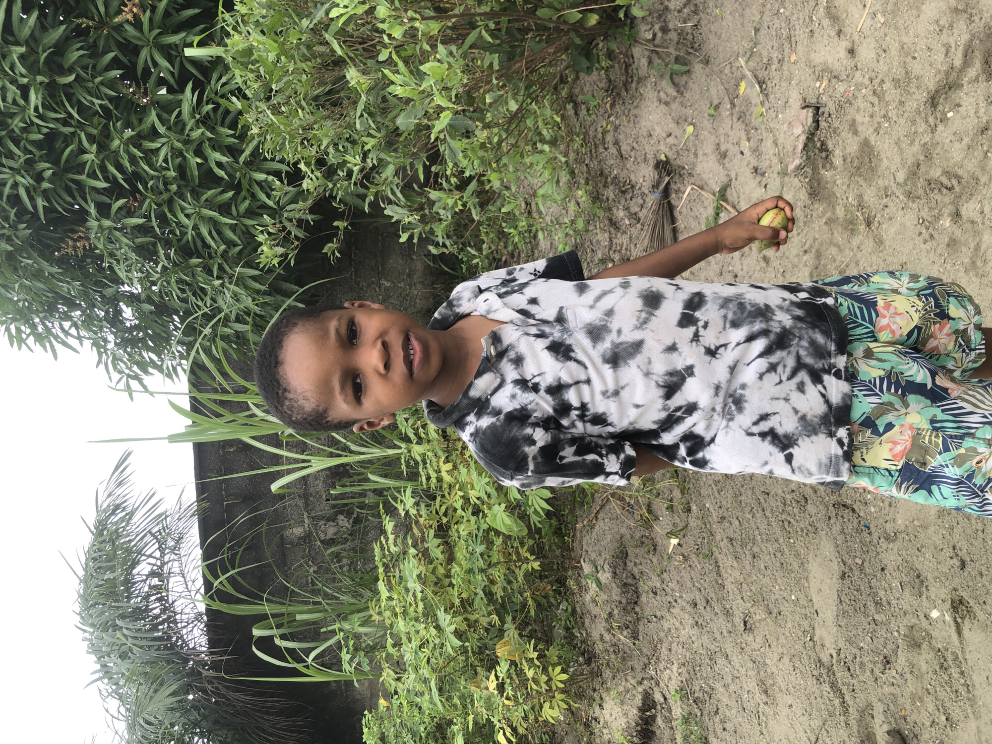 A young Black boy, appearing to be around five to seven years old, stands outdoors in Ado, Nigeria. He is wearing a black and white tie-dye t-shirt and colorful floral-patterned shorts. His hands are behind his back, except for his right hand, which is visible and holding a small, light-colored fruit. The boy is looking directly at the camera with a neutral expression.
The environment suggests a rural or semi-urban setting within Ado. Behind the boy, a low, gray, concrete wall is visible, topped with various plants including tall, reedy stalks and palm fronds. To the boy's right, a dense cluster of green leafy bushes and a large tree with dark leaves and some visible flowers or developing fruit dominate the background. The ground in front of the boy is composed of dry, sandy soil with sparse vegetation. A bundle of twigs or broom is lying on the ground to the right of the boy. The sky is overcast and bright.