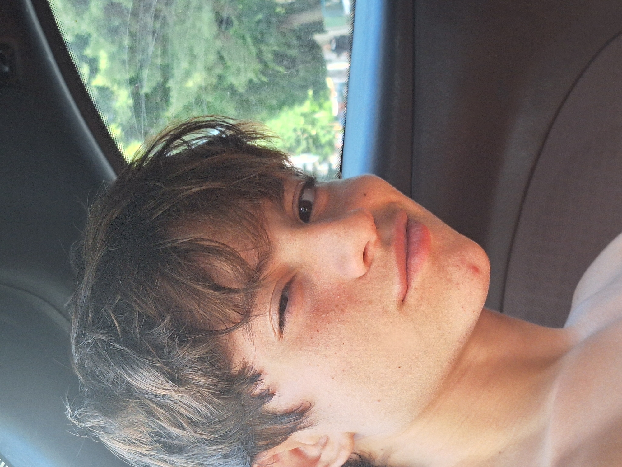 A close-up, eye-level, outdoor portrait features a pre-teen boy with tousled brown hair, fair skin, and a smattering of freckles. He is looking at the camera with his right eye open and his left eye partially closed in a wink. His lips are slightly parted, and a dimple is visible on his right cheek. A small red pimple is present on his chin. The boy is seated in a vehicle, suggested by the dark interior paneling and a window with a blurred green, leafy background, indicating foliage. The lighting suggests it is daytime, with sunlight illuminating the boy's face.
