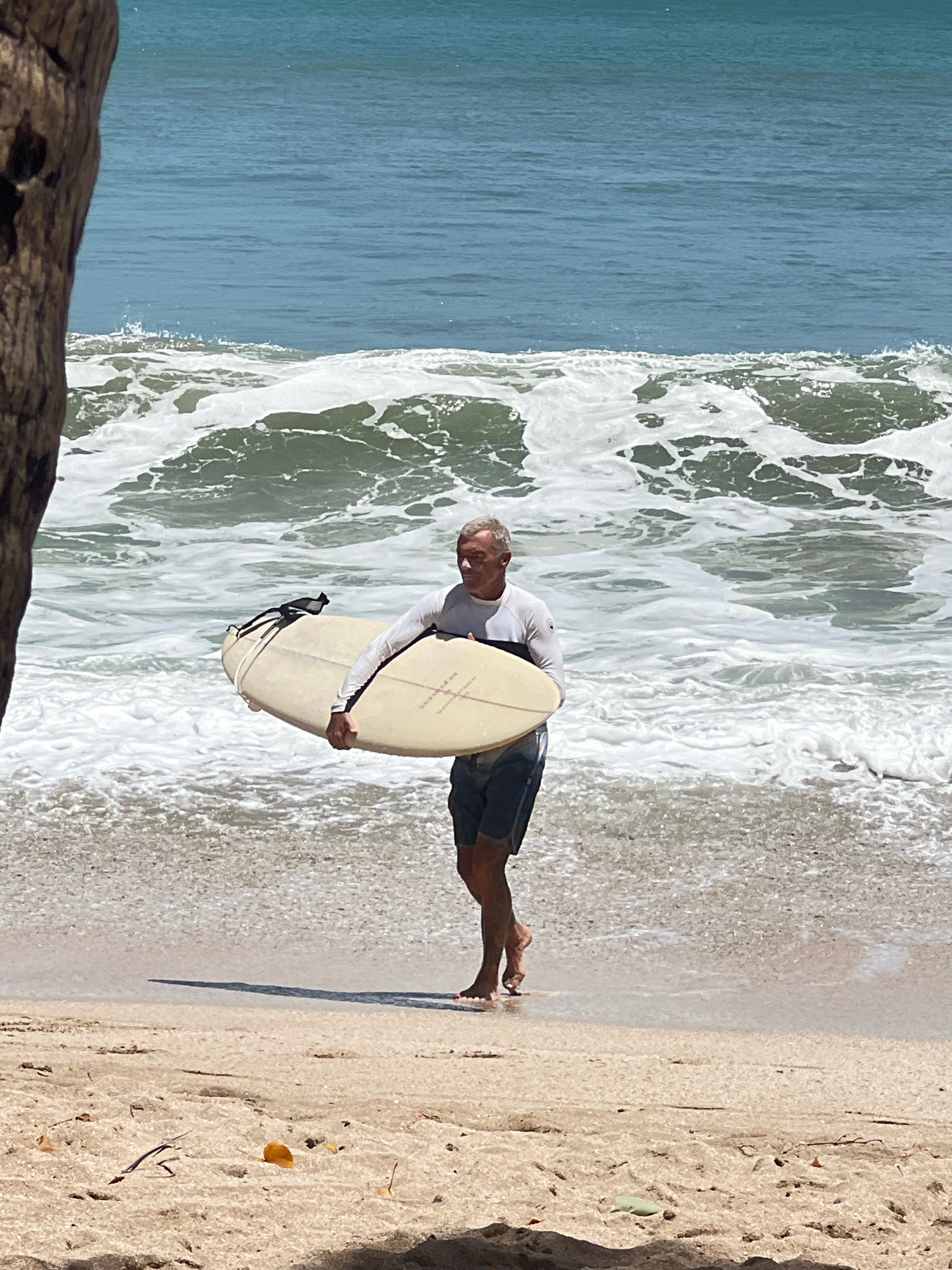 A man with graying hair and a light-colored long-sleeved shirt and dark shorts walks on a sandy beach in Kuta, Indonesia, carrying a surfboard. The ocean, with moderate waves and white foam, is behind him. A large tree trunk is visible on the left side of the frame, partially obscuring the scene. The sand is light brown with some debris scattered on it. The sky is a bright, clear blue.