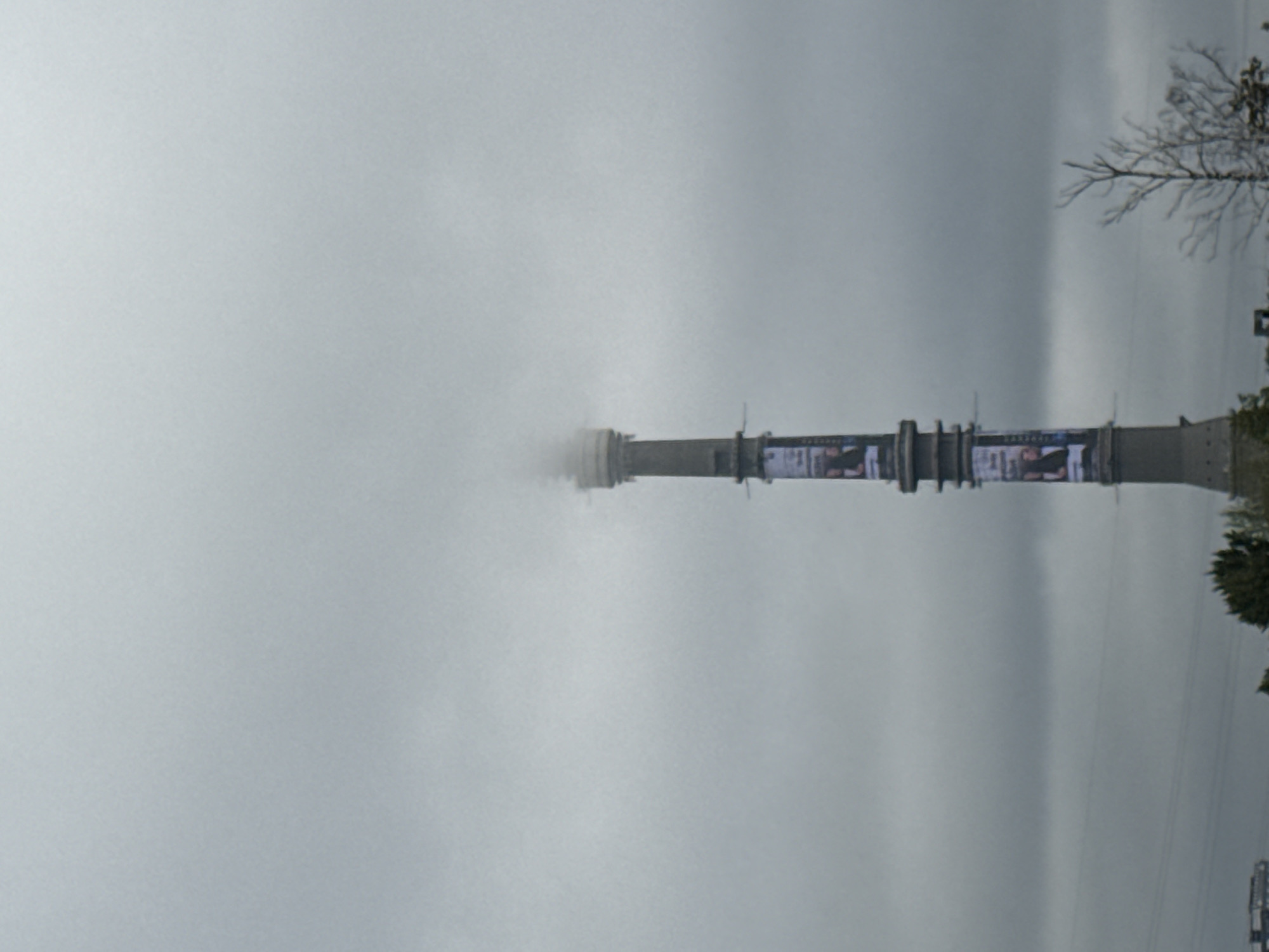 The image captures the Ostankino Tower in Moscow, Russia, under a heavily overcast sky. The tower, a prominent landmark, is shrouded in a light mist or fog towards its upper section, obscuring the very top. Along the central shaft of the tower, several rectangular banners or advertisements are visible, featuring images of people. The lower part of the image shows some trees and what appear to be low-rise buildings or industrial structures in the distance, partially obscured by the foliage and the atmospheric conditions. The overall scene is muted and somber due to the gray sky and fog.