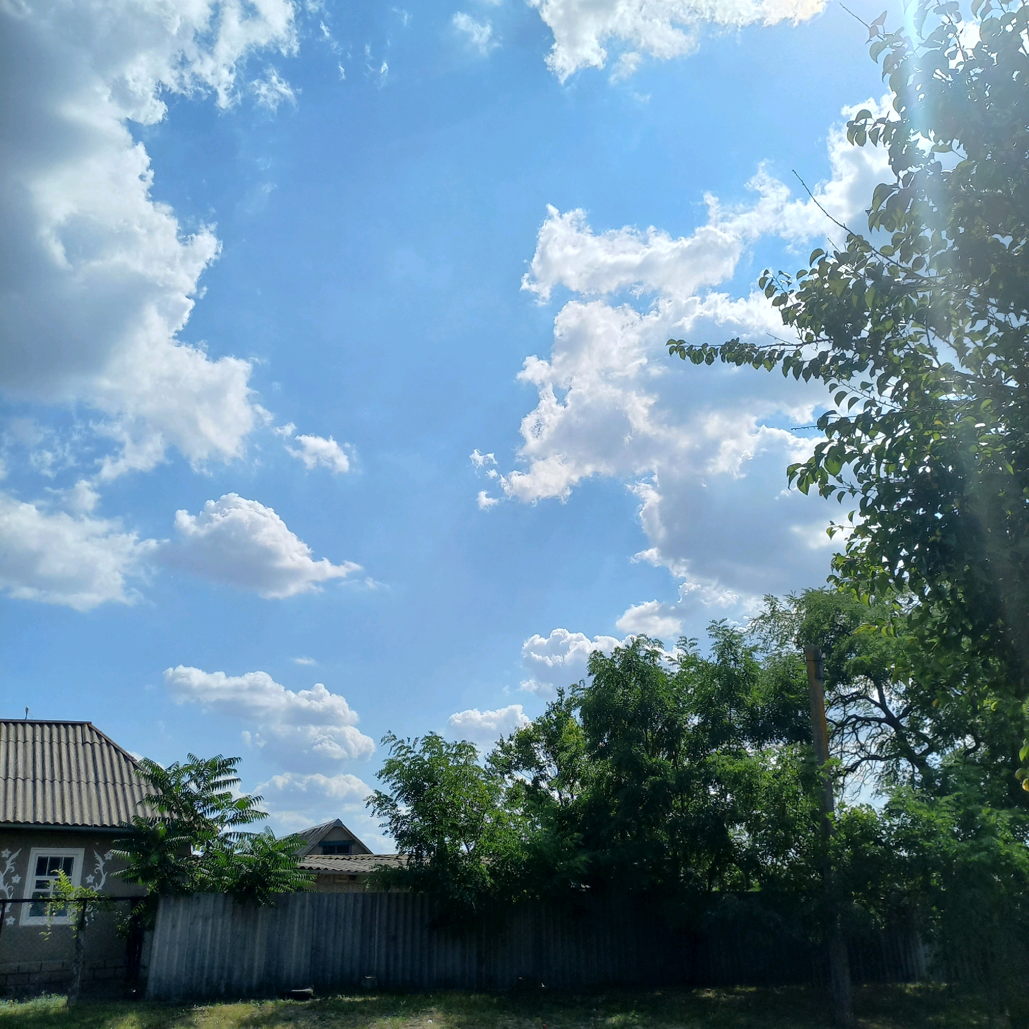 The image depicts a rural residential scene under a partly cloudy sky in Klyntsi, Ukraine. In the foreground, a grey corrugated metal fence runs horizontally across the frame. To the left, a single-story house with a grey, ribbed roof is visible, featuring a white window with decorative floral patterns on the wall. Behind the fence, a dense line of green trees obscures much of the view, with some trees extending upwards towards the sky. A utility pole is partially visible amidst the foliage. The sky is a bright blue, dotted with scattered white cumulus clouds, and sunlight glints through the leaves of trees on the right side of the image, casting lens flare effects. The overall impression is that of a sunny day in a residential area, likely a village or the outskirts of a town.