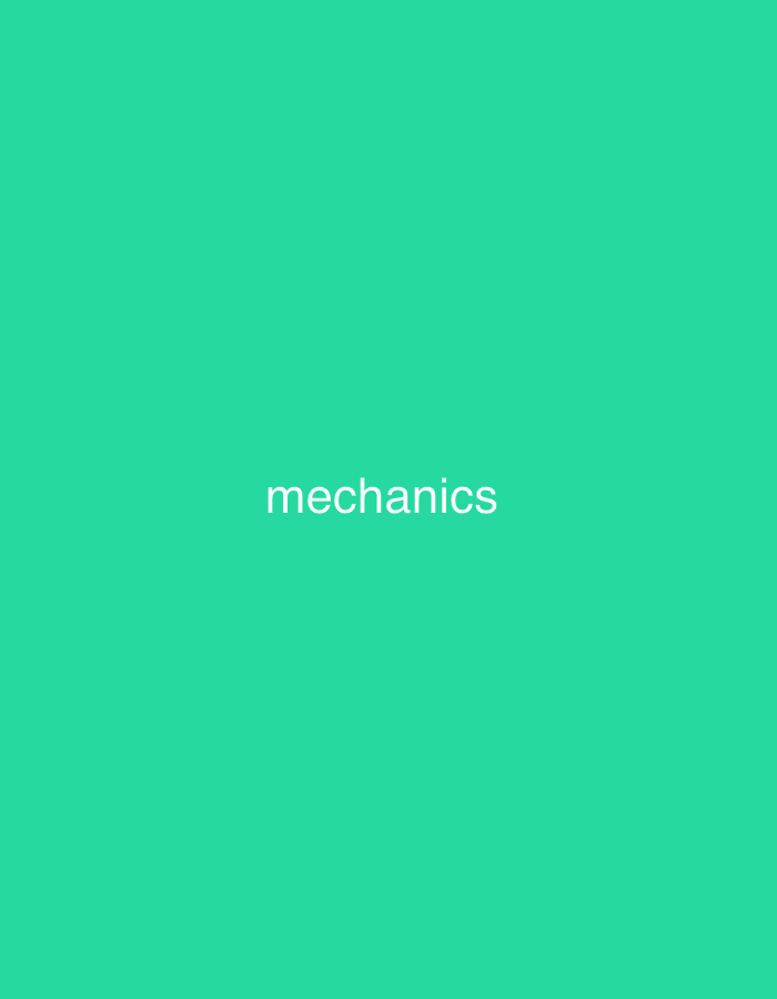 A minimalist image features the word "mechanics" in white sans-serif font centered on a vibrant teal background. The text is evenly spaced and appears as if it were placed in the middle of a blank canvas. The image appears to be a graphic design element rather than a photograph of a real-world scene. There are no visible people, objects, or environmental details. The setting is entirely abstract, devoid of any urban context or specific location.