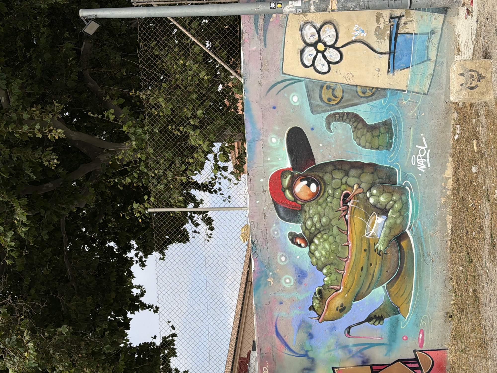 A graffiti-covered concrete wall features a painting of a cartoon alligator wearing a red baseball cap backwards. The alligator is partially submerged in water, holding a straw in its mouth and a cup in its hand. The artwork is colorful, with vibrant blues, greens, and pinks. To the right of the alligator, there's a depiction of a sad-faced emoticon on a poster, and a drawing of a flower in a pot. The wall is situated outdoors, with a chain-link fence and trees in the background. The ground in front of the wall is covered in dry grass and dirt.