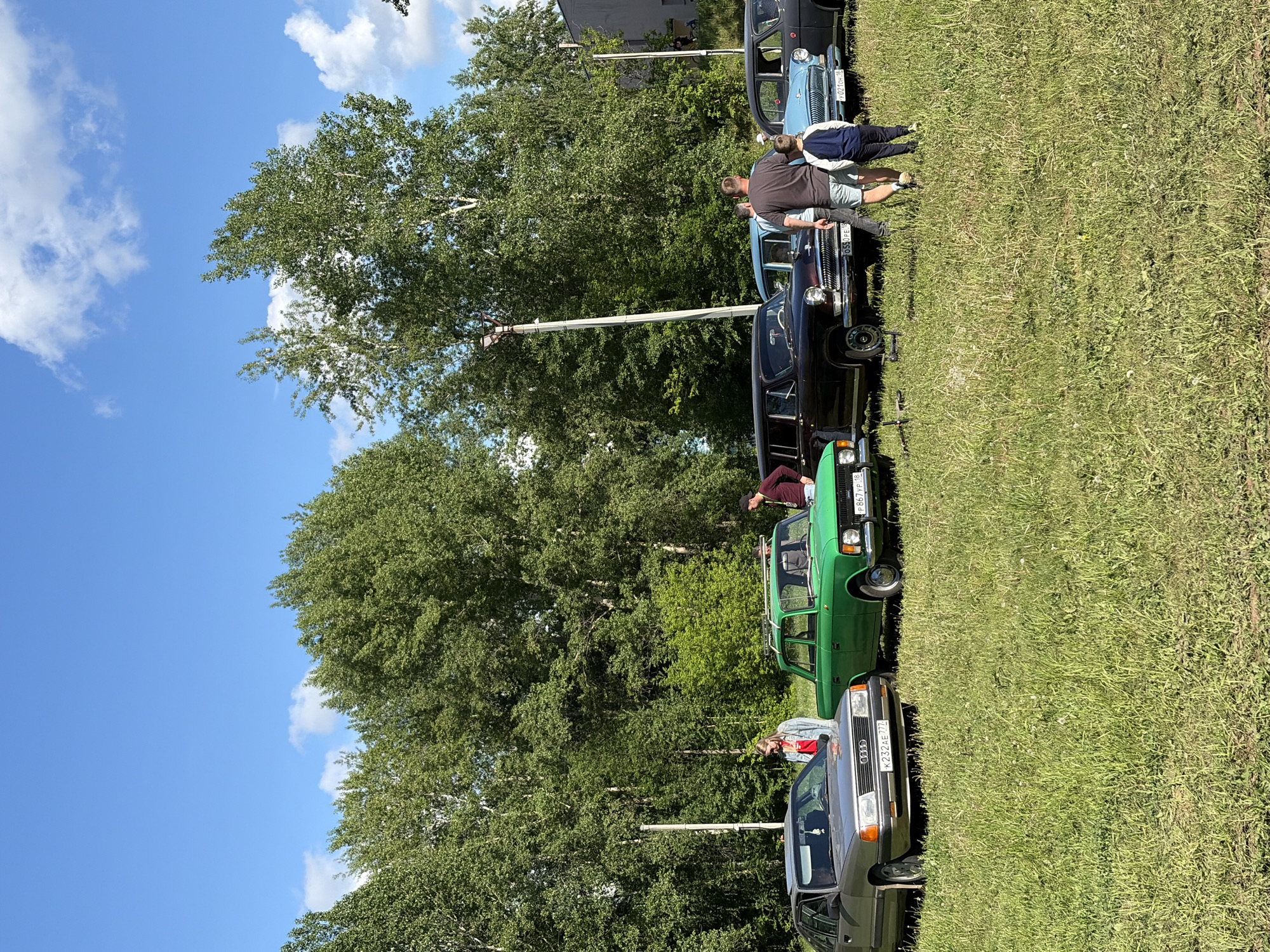 The image shows a scene in the city of Chaikovsky, Russia, featuring a line of vintage cars parked on a grassy field. A partly cloudy, blue sky is visible above a line of trees.
Several people are present, including two individuals inspecting a dark-colored vintage car. Other people are near a green car, and in the distance, near another vehicle.
The parked cars vary in color and model. A silver car is visible in the foreground, and several dark-colored vehicles are positioned further back. The grass is green. A streetlight is visible.