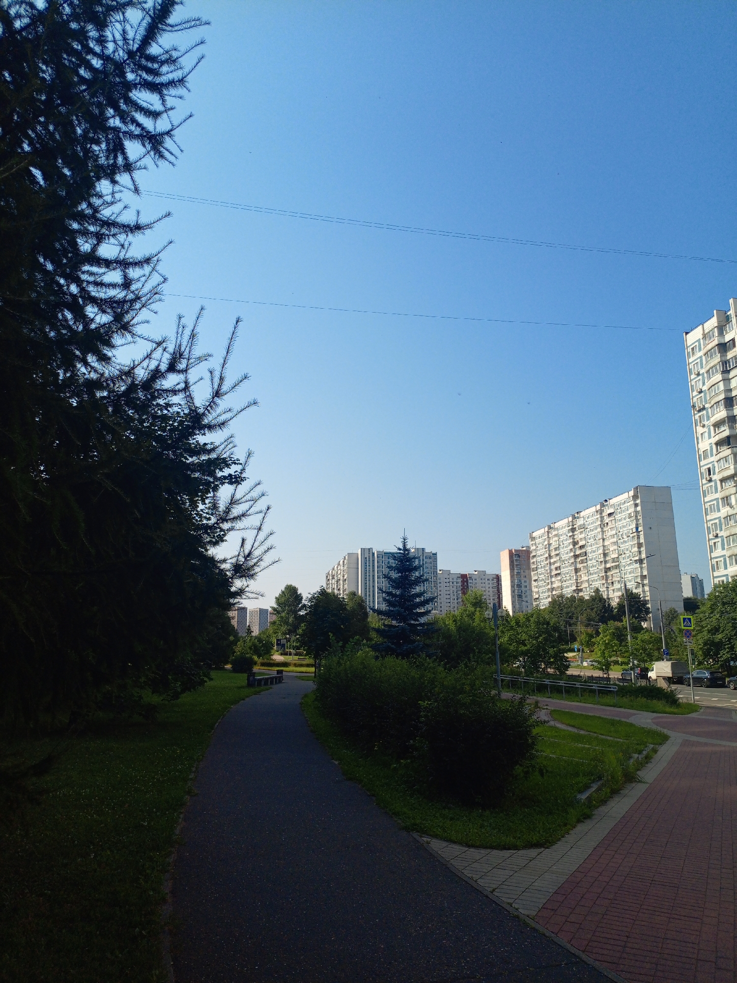 A paved walkway curves through a park area on the left side of the image, bordered by lush green grass and tall trees. On the right, a sidewalk made of red and gray bricks leads to a street with vehicles and a pedestrian crossing. Several high-rise apartment buildings dominate the background, with a clear blue sky overhead. The scene appears to be a residential area with park amenities.