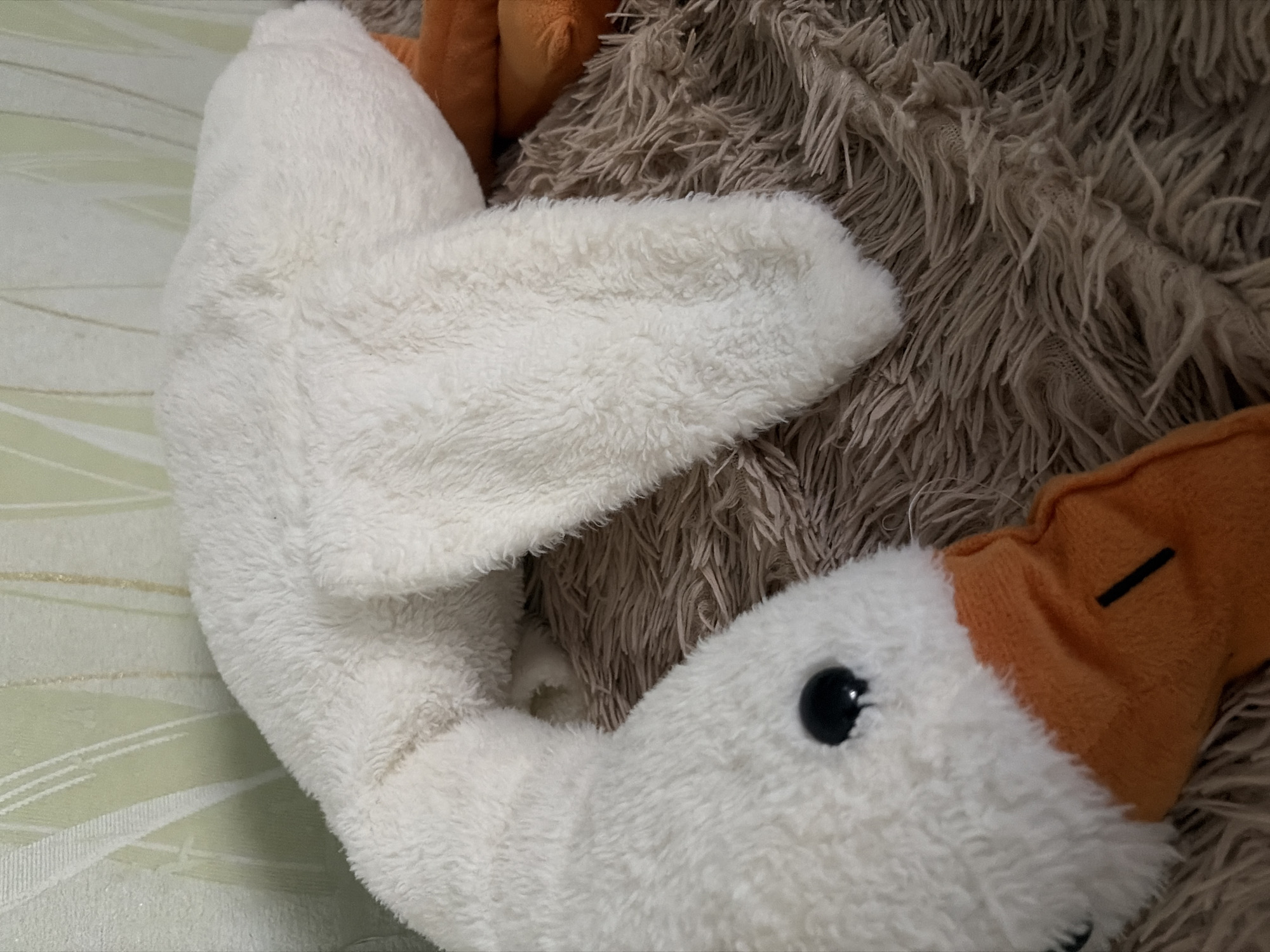 This media file is a close-up photograph of a white plush toy duck, positioned on a fluffy brown textured surface. The duck's head is visible on the right side of the frame, featuring a black eye and an orange beak with a black line detail. Its white body extends across the left side of the image, with a textured, furry appearance. The plush toy is lying on a patterned surface with light green and beige stripes. Another plush toy, partially visible in the upper background, appears to be orange. The lighting suggests an indoor setting, possibly a room. No text is visible in the image, and there are no discernible clues about the time of day, weather, or specific emotions. The overall impression is that of a still life featuring children's toys.