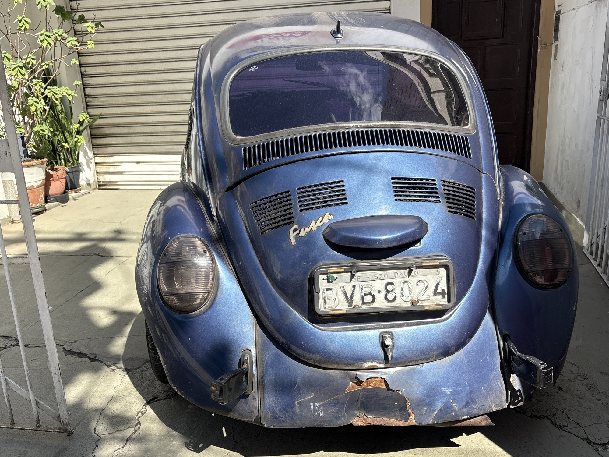 An aged, blue Volkswagen Beetle, known locally as a "Fusca," is parked outdoors in what appears to be an urban setting in São Paulo, Brazil. The car, showing signs of wear and tear including rust on its rear bumper, is positioned in front of a closed, light-colored metal roll-up garage door. To the left of the car, a white metal gate stands slightly ajar, and beside it, several potted plants are visible. The ground is paved with concrete, marked by cracks. The license plate on the back of the car reads "BVB 8024" and also indicates "SÃO PAULO" and "SP," confirming its location. The lighting suggests it is daytime, with distinct shadows cast on the ground.