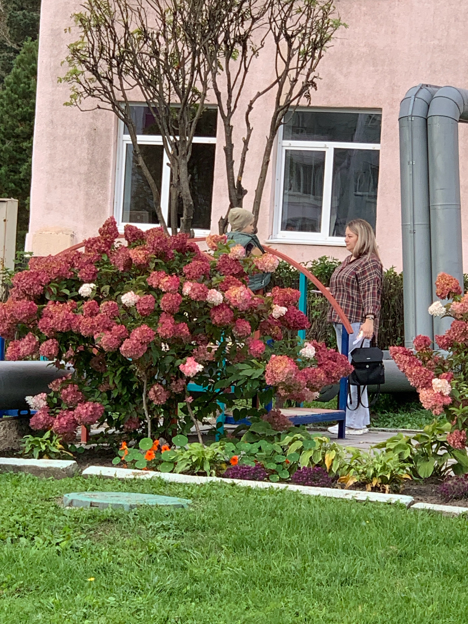 A woman in a plaid shirt and jeans stands on a grassy area next to a large bush with pink and red flowers. She is holding a black bag. To her left, a young child in a vest and hat stands near the bush. Behind them is a pale pink building with windows and large grey pipes. In the foreground, there is a green manhole cover and more grass. The scene appears to be outdoors, possibly in a park or residential area in Prokopyevsk, Russia.