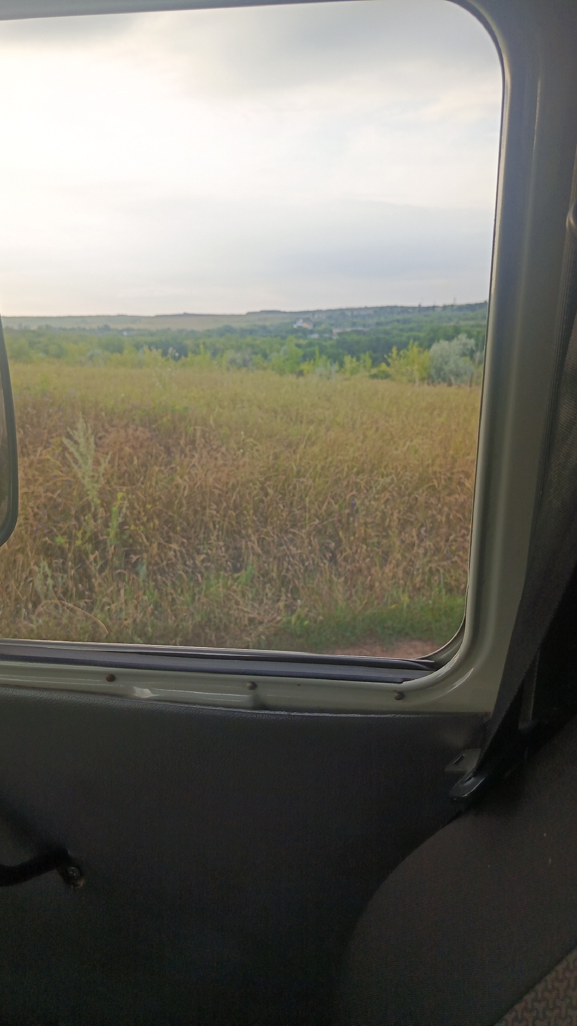The image shows a view through a car window of a rural landscape. The foreground consists of the interior of the car, including the door panel and a portion of a seat. The window frame is visible, as is a side mirror on the left. Outside the window, a field of dry, tall grass extends to a treeline. In the distance, there are rolling hills and a few scattered buildings, suggesting a small village or town. The sky is overcast with bright, diffused light. There are no people or specific landmarks visible that would allow for identification of a specific location within Saratov, Russia.
