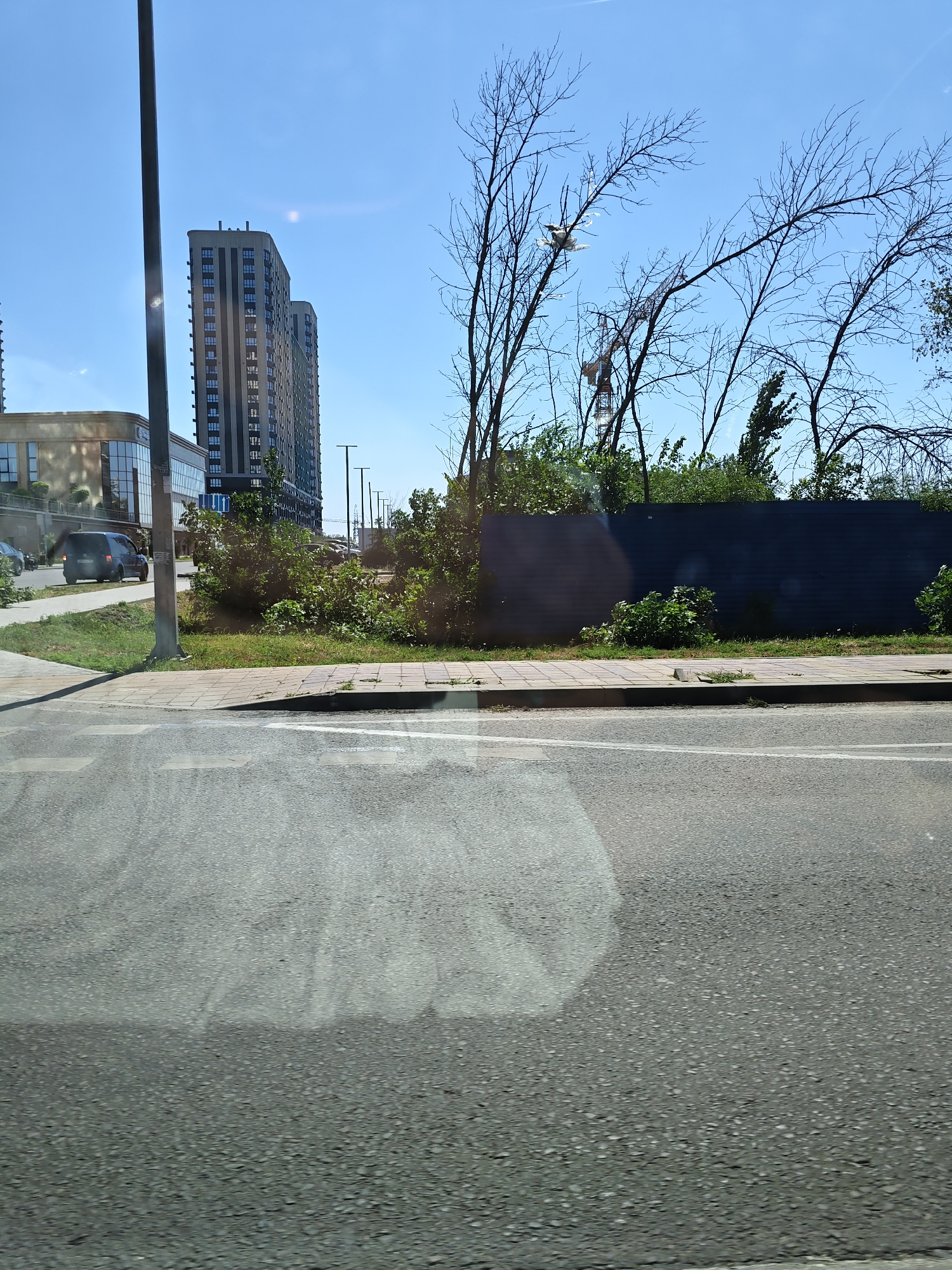 In an outdoor urban scene under a clear blue sky, a tall, modern building with a dark facade and numerous windows stands to the left of two similar, taller buildings. In front of these buildings, a dark, corrugated fence lines the area, with a patch of greenery growing in front of it. The foreground shows a grey asphalt road with white lane markings, and a paved walkway with some dislodged tiles is visible above it. A dark-colored van is parked on the left side of the road, and a tall, grey pole stands on the sidewalk. The branches of bare trees extend into the sky above the fence, and a construction crane is visible in the distance. The overall impression is a construction site in an urban setting.