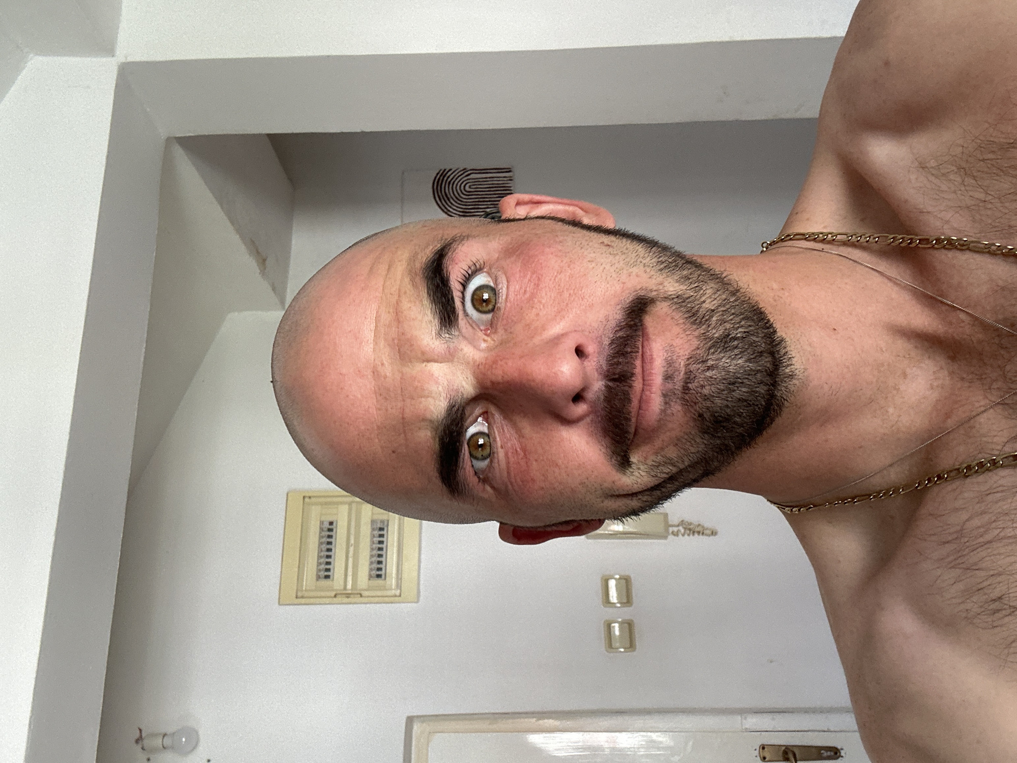 A close-up, indoor selfie of a bald, white male with a dark beard and hazel eyes. He wears gold chains around his neck. The background is a white interior featuring an electrical panel, light switches, a door frame, and a small print on the wall. There is no information in the image to establish a location in Budva, Montenegro.