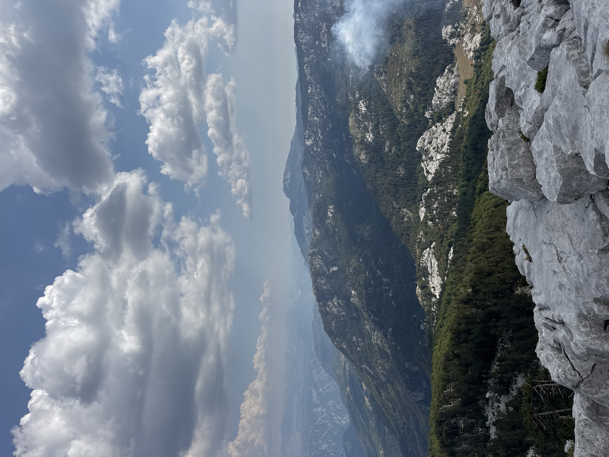 The image depicts a panoramic mountain landscape with a cloudy sky. In the foreground, large, gray, weathered rocks dominate the view. Beyond the rocks, a dense forest of dark green pine trees covers the undulating slopes of mountains. The middle ground shows more mountains with similar forested slopes and scattered patches of light-colored rock formations. In the distance, several layers of mountain ranges fade into a hazy blue, suggesting a vast expanse. A plume of white smoke is visible on the right side of the image, rising from the forested area, indicating a potential fire. The sky is a mix of blue sky and large, fluffy white and gray clouds. The overall impression is a rugged, natural mountain environment under a dynamic sky. The location is identified as Mrtvo Duboko, Montenegro. No people or specific actions are discernible in the image.