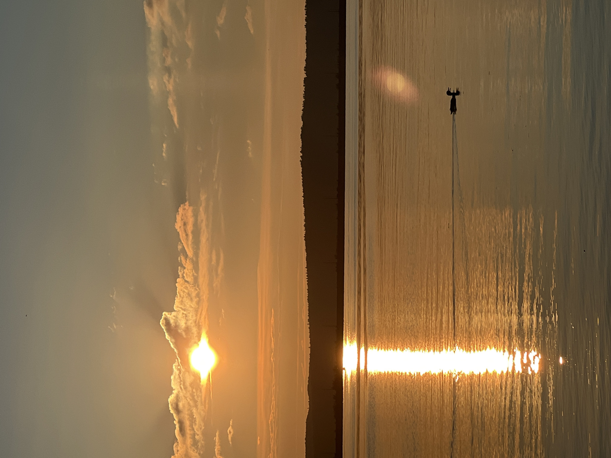 A lone duck swims in a calm body of water reflecting a sunset. The sun is partially obscured by clouds and casts a bright, warm glow across the sky and water. A silhouetted treeline forms the horizon. The location is identified as the Kama River in Chaikovsky, Russia.
