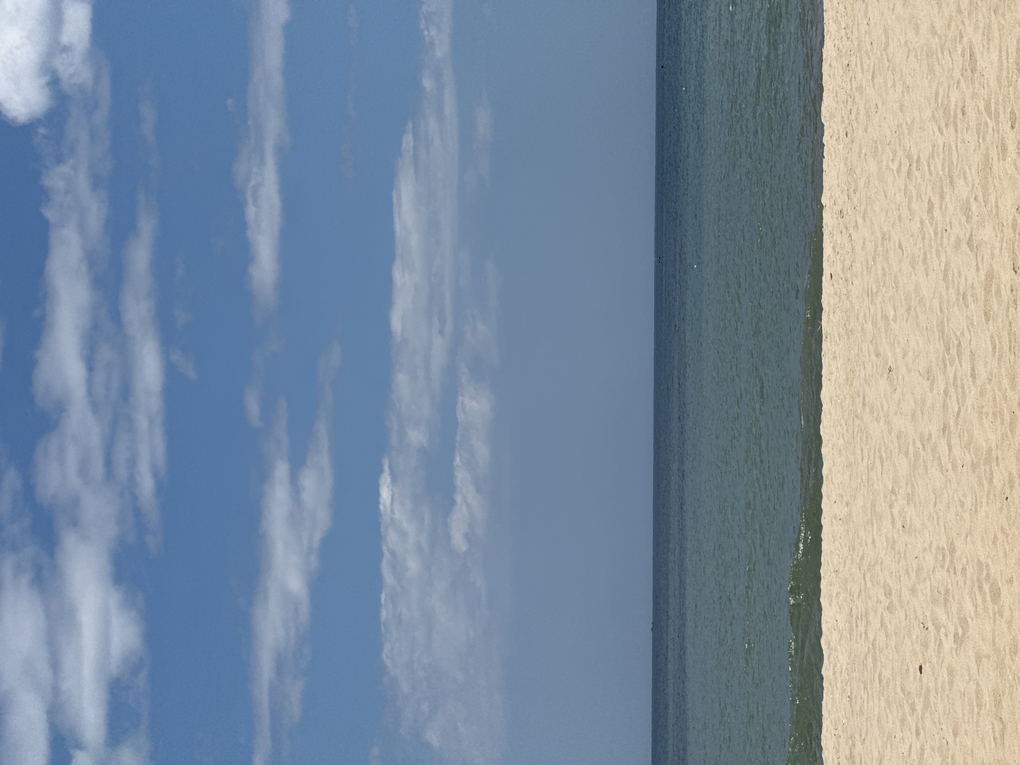 The image presents a serene, wide-angle view of a beach coastline under a clear sky, characteristic of coastal areas in Đà Nẵng, Vietnam.
The upper approximately 45% of the frame is occupied by a light blue sky, traversed by several thin, horizontally elongated bands of white cumulus clouds. These clouds are scattered and appear relatively flat against the clear backdrop.
Below the main sky, a slightly hazier, lighter blue-gray band stretches across the distant horizon, meeting a darker expanse of ocean. Along this distant horizon line, several minute, dark, indistinct shapes are discernible, indicative of small boats or ships far offshore.
The ocean occupies the central approximately 30% of the image. The water transitions from a deep, muted blue in the distance to a lighter, greenish-blue hue closer to the shore, suggesting a gradual change in depth. The sea surface is generally calm, exhibiting subtle ripples and glints of light, particularly in the closer-to-shore areas. A gentle, small wave with a white crest is visible breaking just before the sandy beach, marking the immediate waterline.
The lower approximately 25% of the frame features a wide expanse of light golden-yellow sand. The sand appears fine-grained and displays subtle undulations and textures across its surface. A small, reddish-brown piece of organic debris or shell is visible on the sand near the center-left of the foreground.
No discernible people, prominent structures, or significant human activity are present in the immediate foreground or mid-ground. The overall scene conveys a sense of natural tranquility.