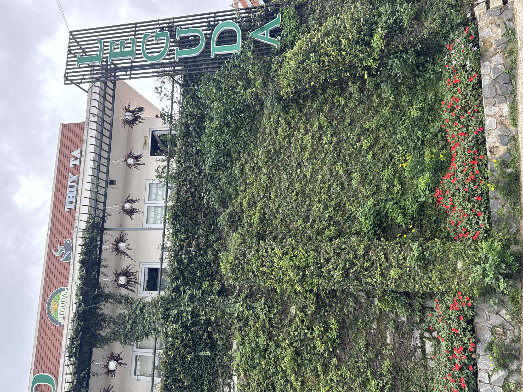 The image shows the exterior of a building in Da Lat, Vietnam, covered in lush green ivy. A large, vertical sign with green lettering spelling "LEGUCIA" is visible on the right side of the building. The building has a second story with balconies decorated with hanging planters. Red flowers are planted along the base of the ivy-covered wall. The sky is overcast.
