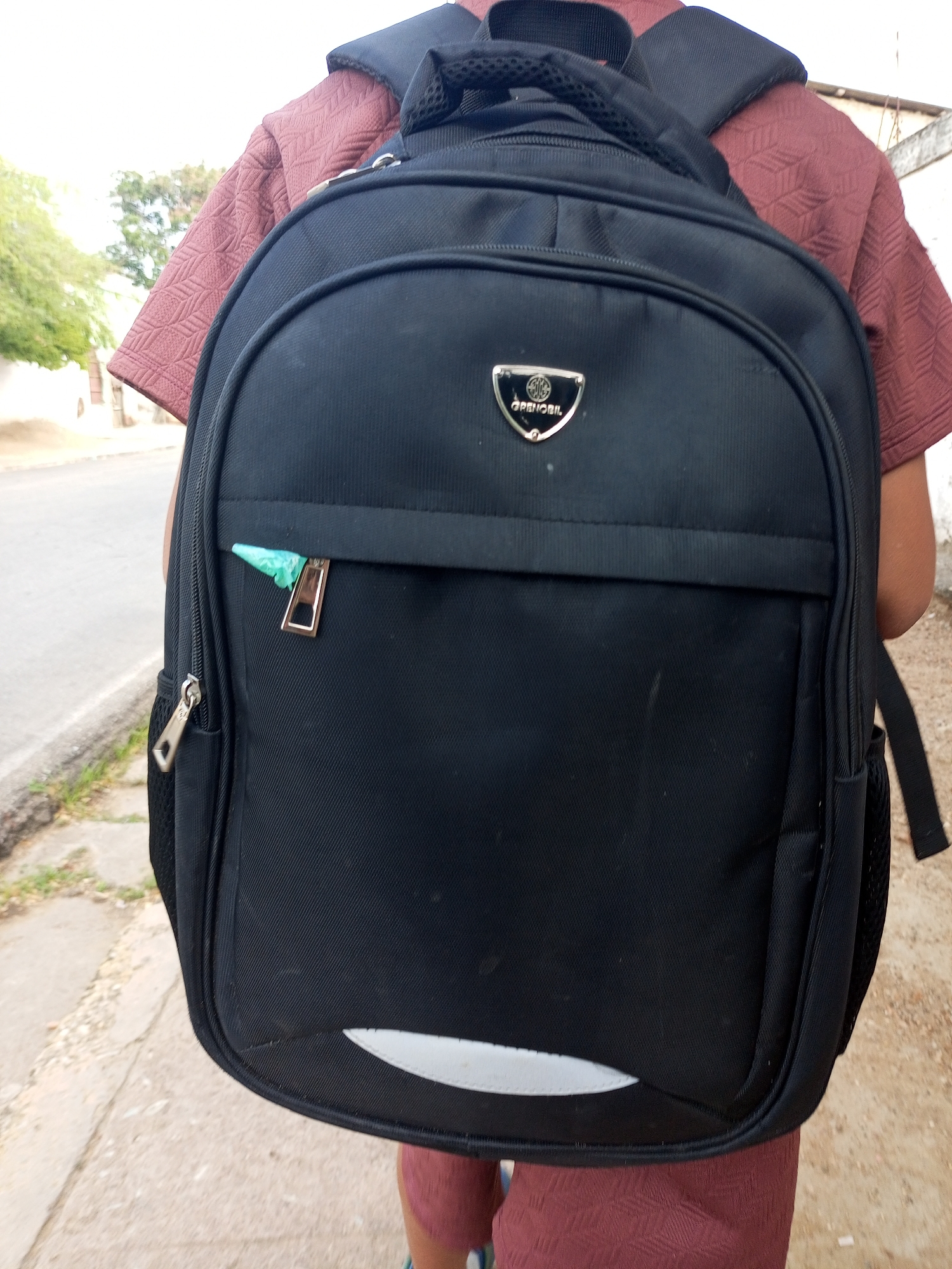 A person wearing a maroon short-sleeved shirt has a large black backpack. The backpack features a silver brand emblem at the top, a front pocket with a silver zipper, and a reflective white stripe at the bottom. A small, turquoise-colored item is sticking out of the front pocket. The setting appears to be outdoors, likely in Juan Griego, Venezuela, with a street, sidewalk, trees, and a building visible in the background.