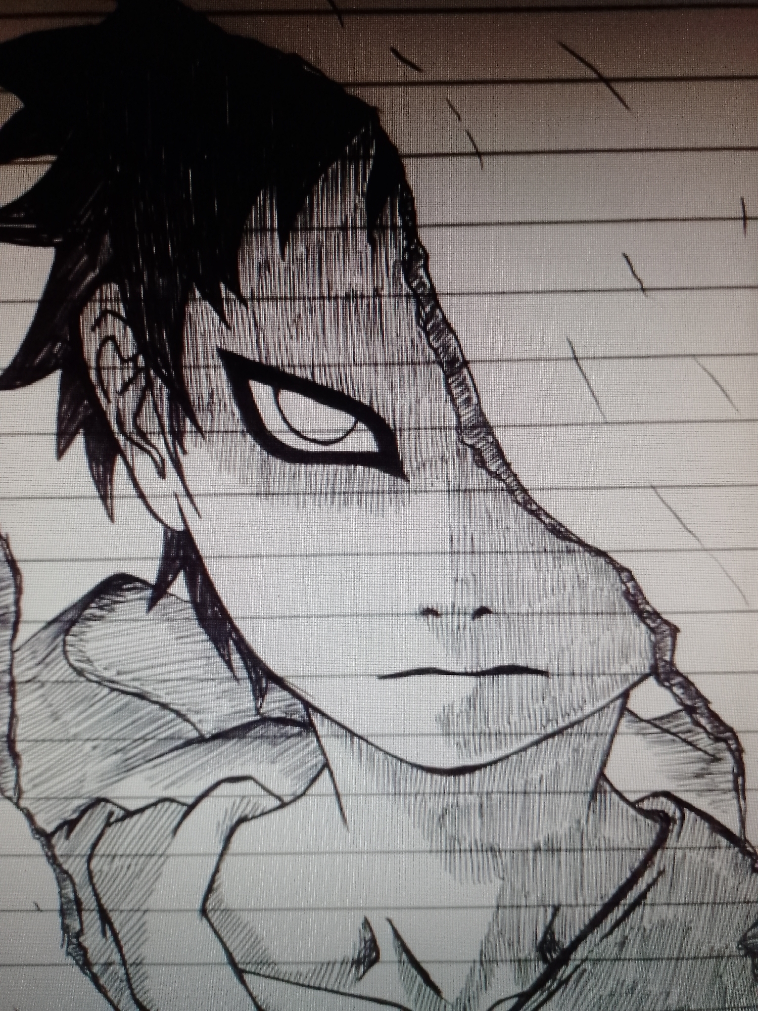 A black and white close-up drawing depicts a person from the chest up, set against lined paper. The individual has dark, spiky hair and an intense expression, conveyed through a focused eye. The face is rendered with dense, short lines creating shading. The person wears a hoodie or jacket with the collar partially visible. The right side of the face is broken and appears to be tearing away or peeling back. There is no city or location visible in this scene.