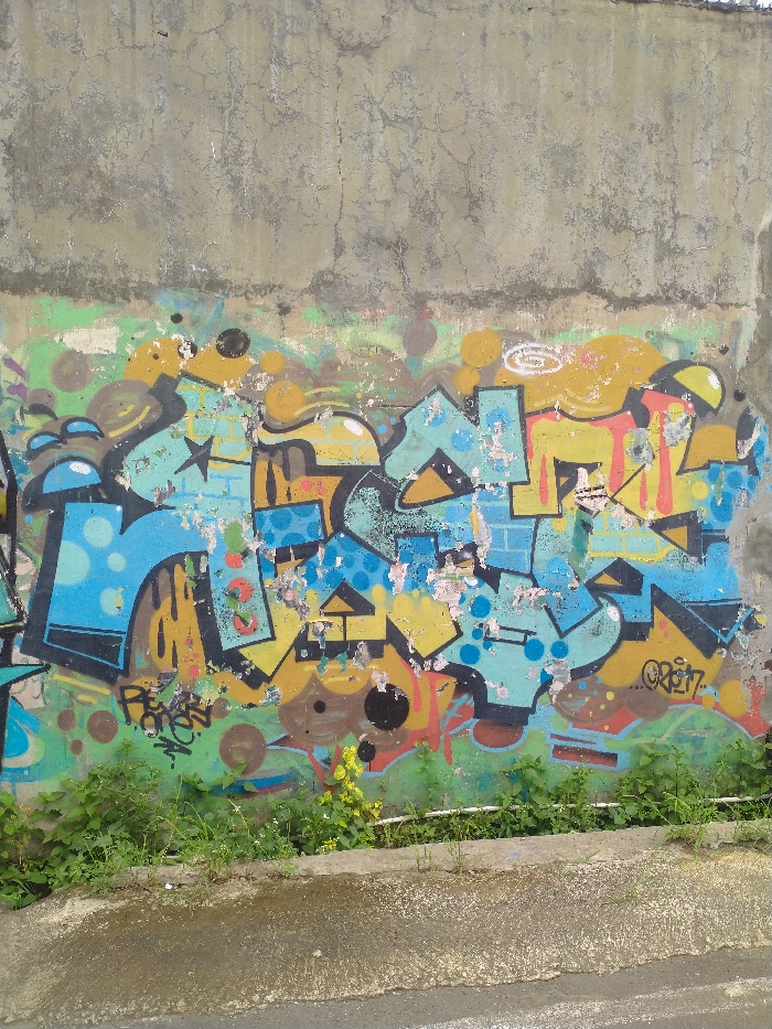 The image displays a section of a concrete wall in Karanganyar, Indonesia, heavily adorned with colorful graffiti art. The upper part of the wall is bare, rough grey concrete, showing cracks and signs of wear. Below this, a large, complex graffiti piece dominates the central area, rendered in a wildstyle or bubble letter format.
The graffiti primarily uses bright blue, yellow, and orange tones, outlined in black, with splashes of red and green accents. Various elements like stars, circles, and dripping paint contribute to its intricate design. The paint is visibly weathered and peeling in several spots, revealing the lighter concrete beneath and indicating the artwork's age or exposure to the elements.
At the very bottom of the wall, and extending onto the ground, is a lush growth of green weeds and small plants, partially covering the lower section of the graffiti and a green base layer of paint. The ground in front of the wall is a dark, possibly damp, asphalt or concrete surface. No people or specific activities are depicted; the scene is static, showcasing urban art within its environment. The lighting suggests it is daytime with clear weather. While much of the stylized text is difficult to decipher, a small tag towards the lower right of the main graffiti piece appears to read "ORBIT".
