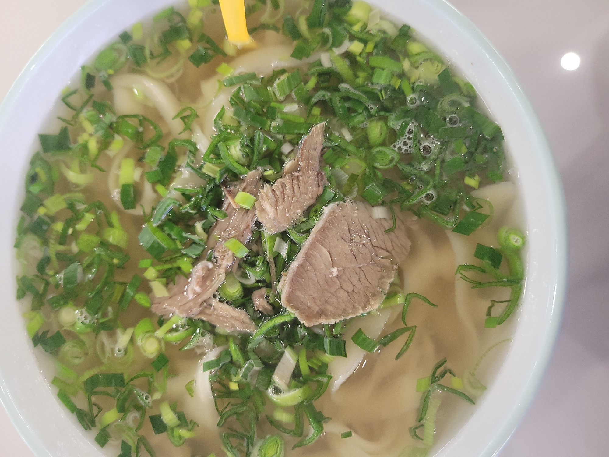 A bowl of soup, containing meat and chopped green onions, is viewed from directly overhead. The soup fills the entire bowl, with pieces of sliced beef and green onion distributed across the surface. A yellow object, possibly a utensil, is partially visible at the top center. The bowl itself is off-white with a light blue or green trim around the rim. The background is a plain, light-colored surface. The location is unknown.