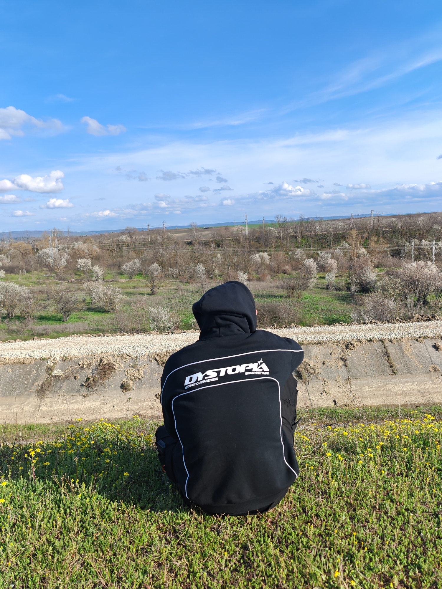 A person wearing a black hoodie sits on a grassy hill overlooking a rural landscape. The hoodie has the word "DYSTOPIA" printed on the back in white lettering. The person is facing away from the camera, toward a ditch and a field with sparse trees, many of which are flowering white. In the distance, power lines stretch across the horizon. The sky above is blue with scattered white clouds. The grass in the foreground is interspersed with yellow wildflowers. Based on the rural setting, the location could be in the vicinity of Shumen, Bulgaria, as it contains similar geographical traits.