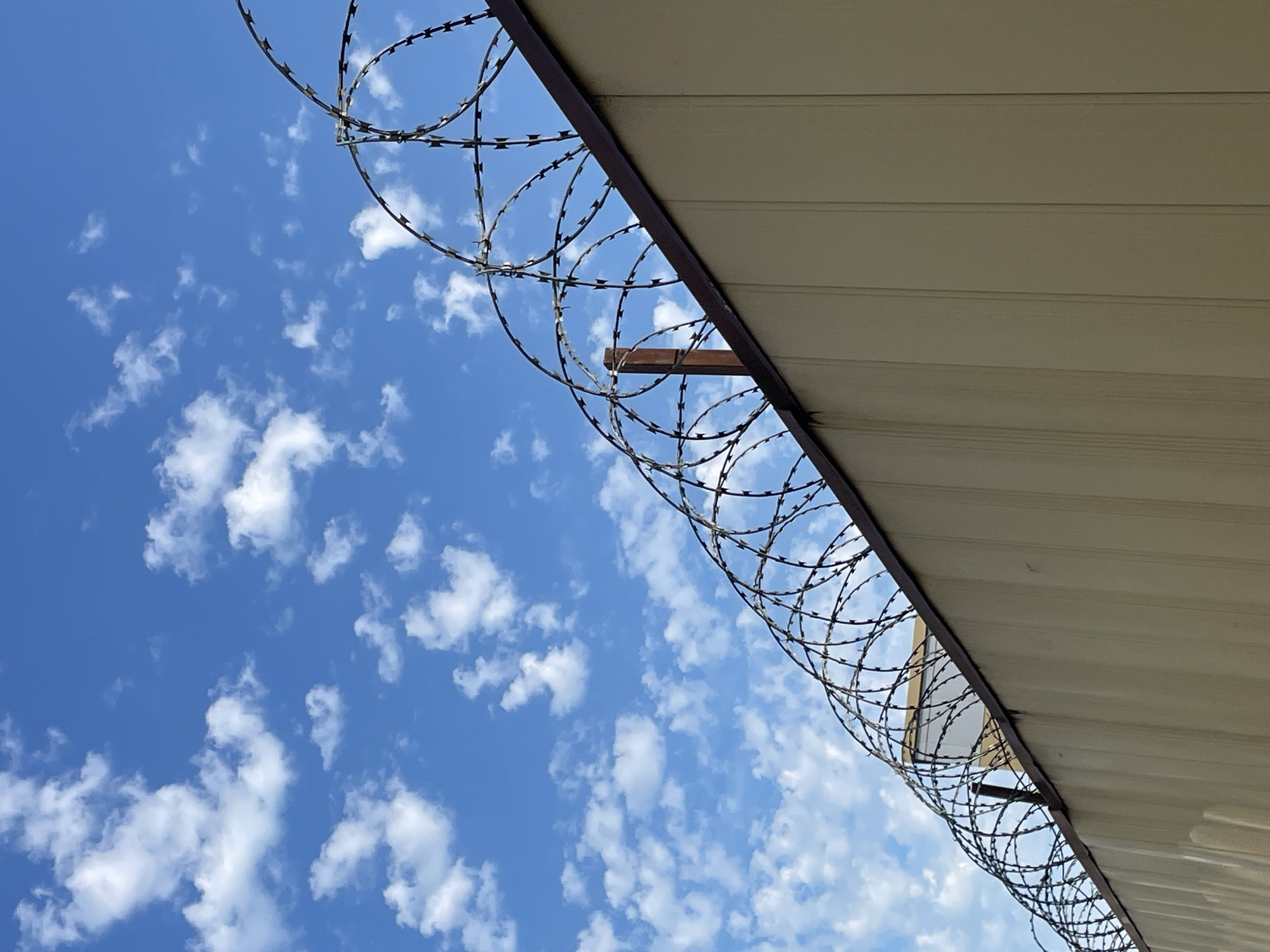 The image captures a low-angle view of a beige, corrugated metal overhang against a bright blue sky dotted with fluffy white clouds. A coil of razor wire runs along the edge of the overhang, creating a stark, security-focused element against the natural backdrop. The wire is a prominent object, its sharp barbs clearly visible.
The scene suggests an outdoor setting, likely a facility or building with a protective barrier. The lighting indicates it is daytime, with the sun illuminating the clouds and the metal surface. The weather appears fair with a clear sky and scattered clouds, suggesting a pleasant day.
No people are visible in the image. The composition focuses on the interplay between the man-made security feature and the natural elements of the sky. The overall mood conveyed is one of security and perhaps a sense of confinement due to the presence of the razor wire. There is no visible text within the image. The context provided places this scene in Sochi, Russia.