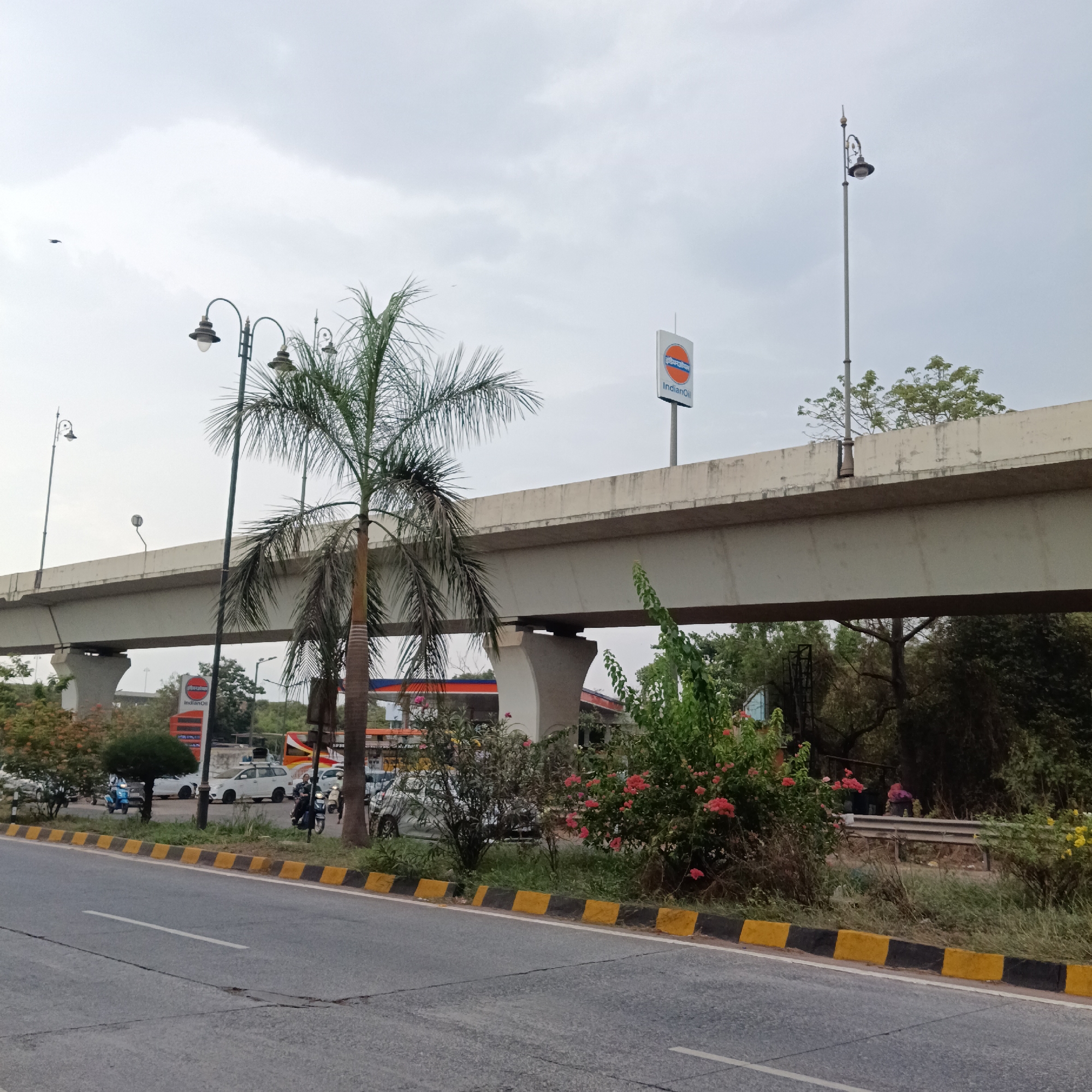 The image depicts a street scene in Panaji, India, under an overcast sky. A concrete overpass spans the road, with an IndianOil sign prominently displayed on top. A palm tree and various bushes and flowering plants line the roadside. The road itself is paved with a black and yellow painted curb. A few vehicles, including cars and a scooter, are visible in the background, along with an IndianOil gas station. Pedestrians are also visible in the background, near the edge of the road. Streetlights are present on both sides of the road.