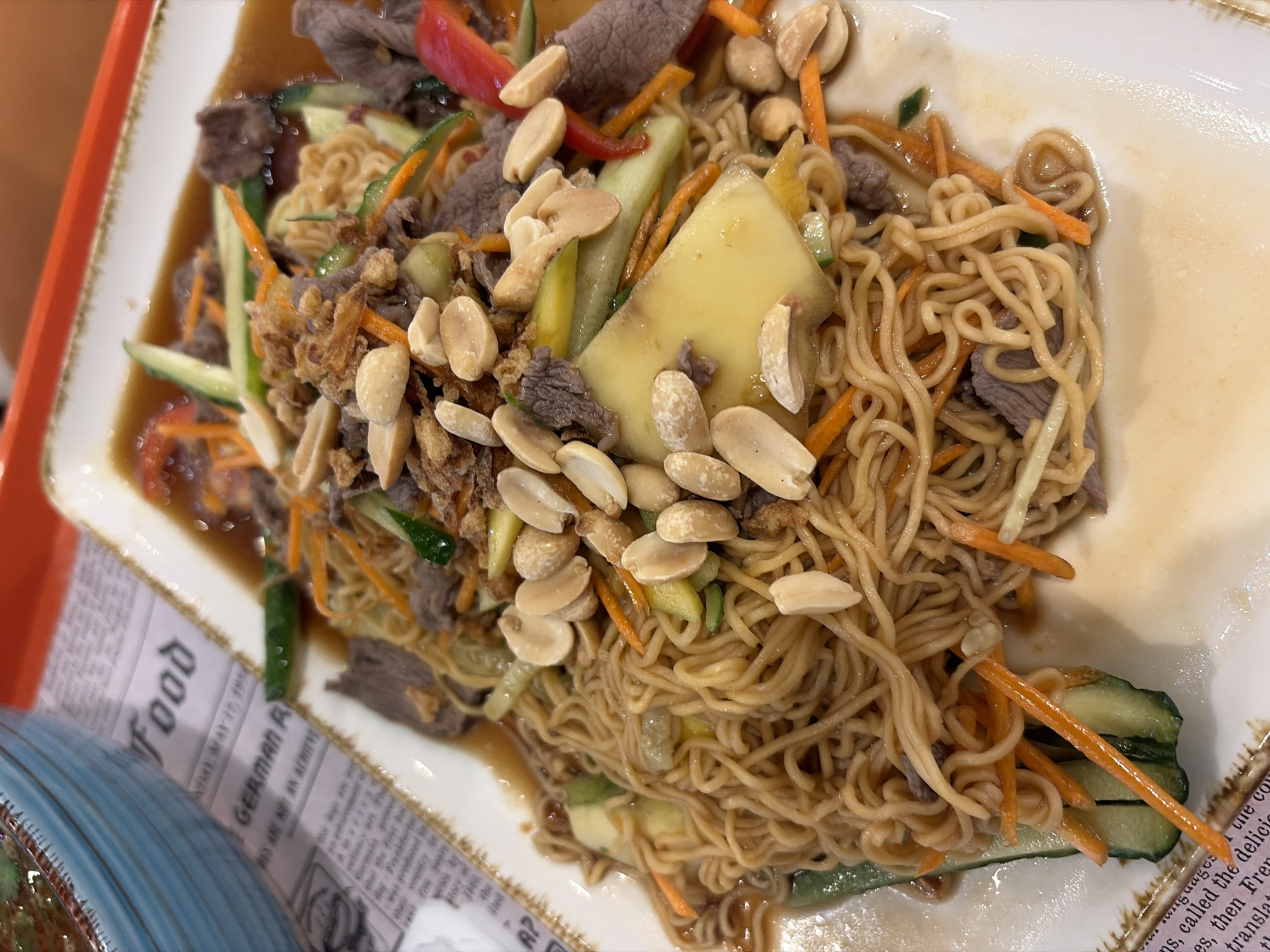 An overhead, close-up shot captures a vibrant Asian-inspired noodle dish served on a white rectangular plate with a decorative rim. The meal features thin, wavy noodles, mixed with slices of beef, julienned carrots, and cucumber strips. Red bell pepper strips and a light yellow, flat piece (possibly potato or mango) are also visible among the ingredients.
The dish is generously topped with split roasted peanuts and crispy fried onions or shallots, adding texture. A thin, light brown sauce pools at the bottom of the plate, coating the noodles and other components.
The plate rests on a surface covered with material resembling newspaper print. Visible text fragments include "Food", "GERMAN R", "Fren" (likely "French"), and partial words like "language", "transla" (translate), and "called the delicis" (delicious), hinting at a discussion of European languages or topics.
In the bottom left corner, a portion of a blue and white striped bowl or plate is visible, suggesting other dining items are present. The image portrays a colorful and textured meal, likely served in a casual dining environment in Izhevsk, Russia.