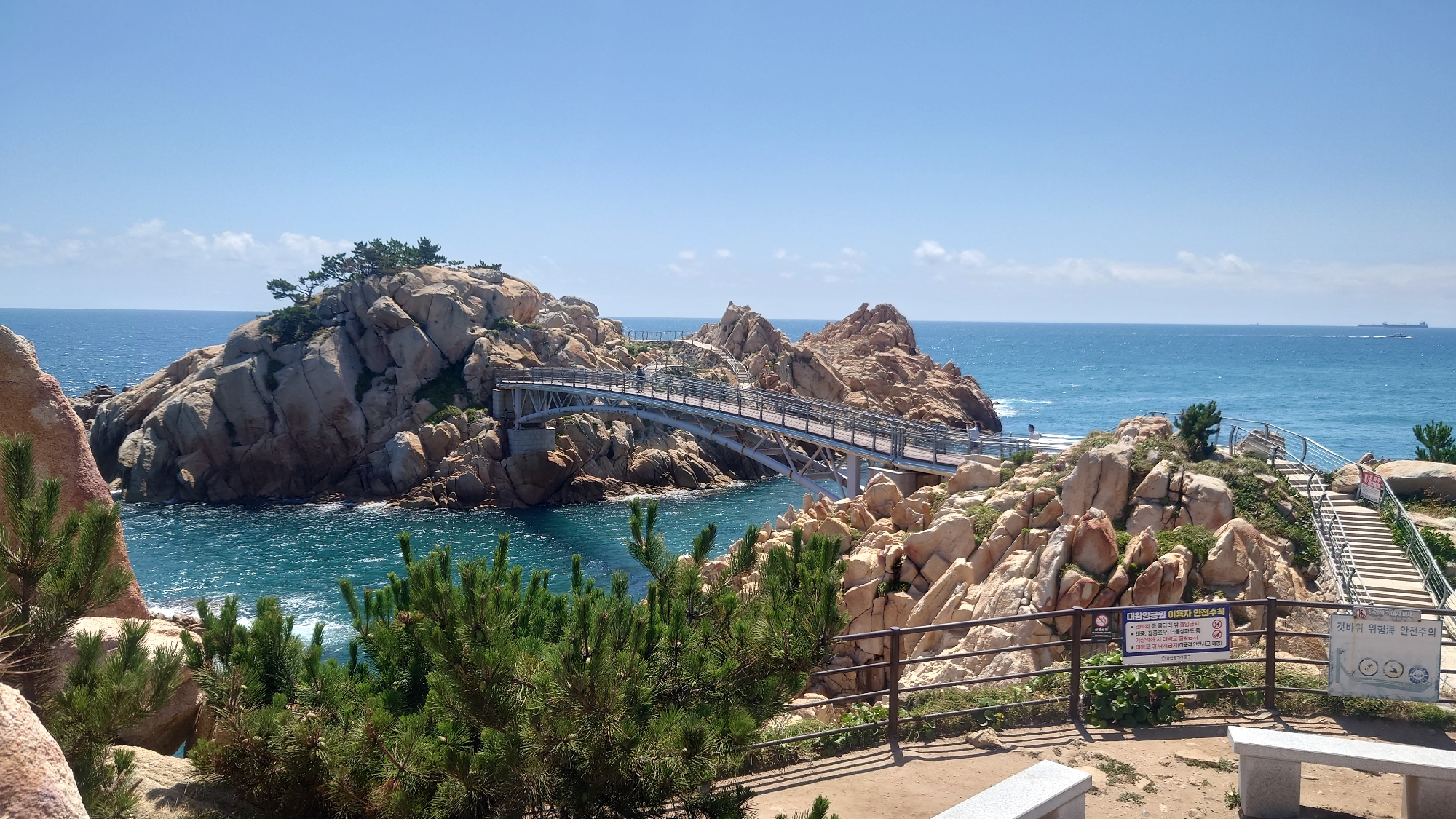 This image depicts a scenic coastal view at Daewangam Park in Ulsan, South Korea. A modern pedestrian bridge spans a gap between two rocky islets, connecting them and offering a pathway over the turquoise ocean. The islets are characterized by rugged, weathered rock formations, some of which are topped with small clusters of pine trees. Lush green pine branches are visible in the foreground, framing the view of the bridge and the sea. The ocean stretches out to the horizon under a clear blue sky with a few wispy clouds. In the distance, several large cargo ships are visible on the water. Signs with Korean text, presumably indicating safety regulations or park information, are posted near the pathways and stairs leading up to the bridge. Two stone benches are situated in the lower right quadrant of the image.