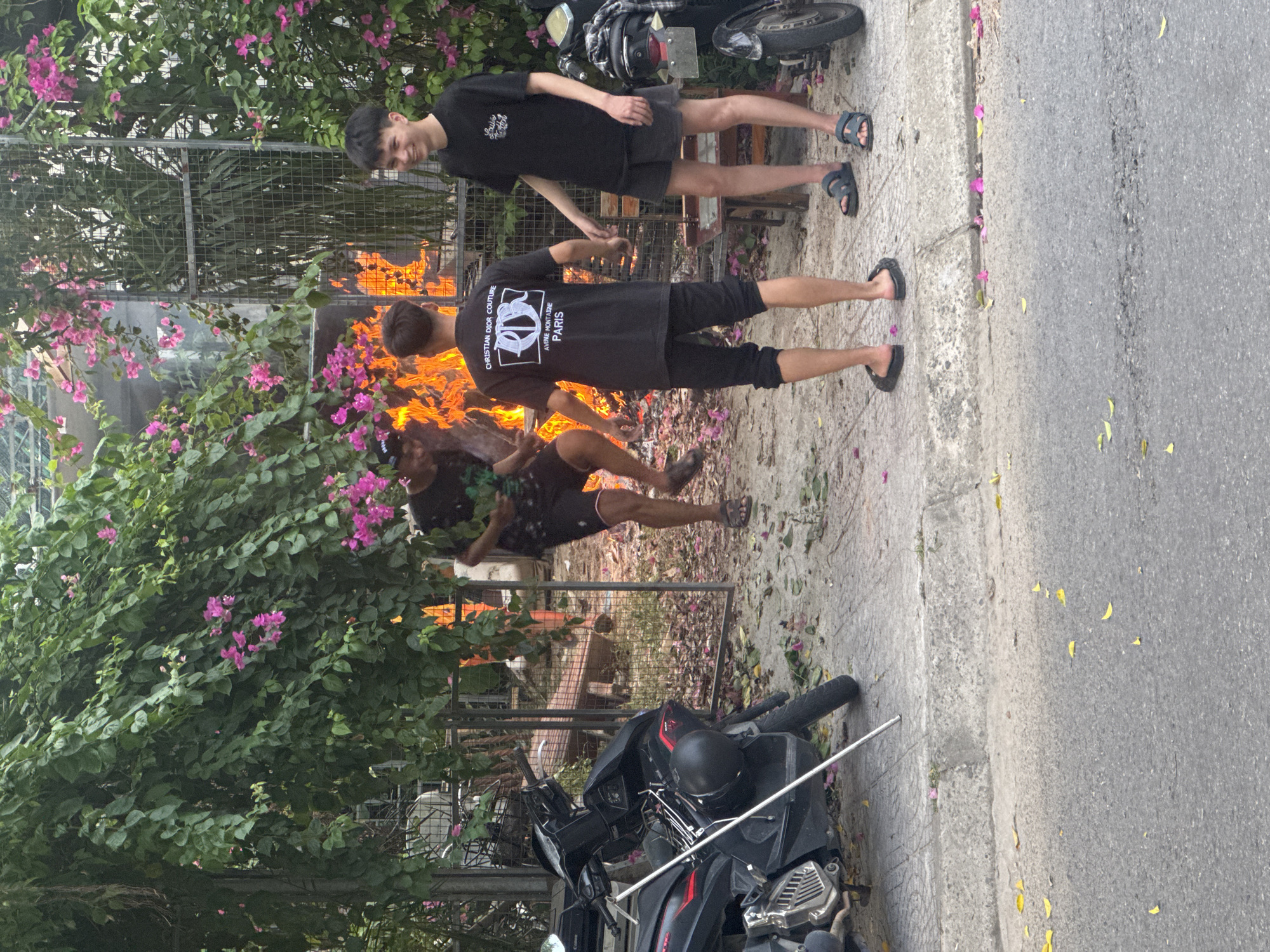 Three people are standing next to a fire on a street in Đà Nẵng, Vietnam. A young man in a black t-shirt with white text on the back stands with his back to the camera, looking into the fire. Another young man in a black t-shirt and black shorts stands to the right of the first, also looking into the fire. A third person in black clothing is obscured by the fire.
Behind the group is a metal fence and a flowering vine with pink flowers. To the right of the group is a sidewalk, and to the far right is a road. There are two parked motorcycles in the foreground. The foreground and sidewalk are littered with leaves.