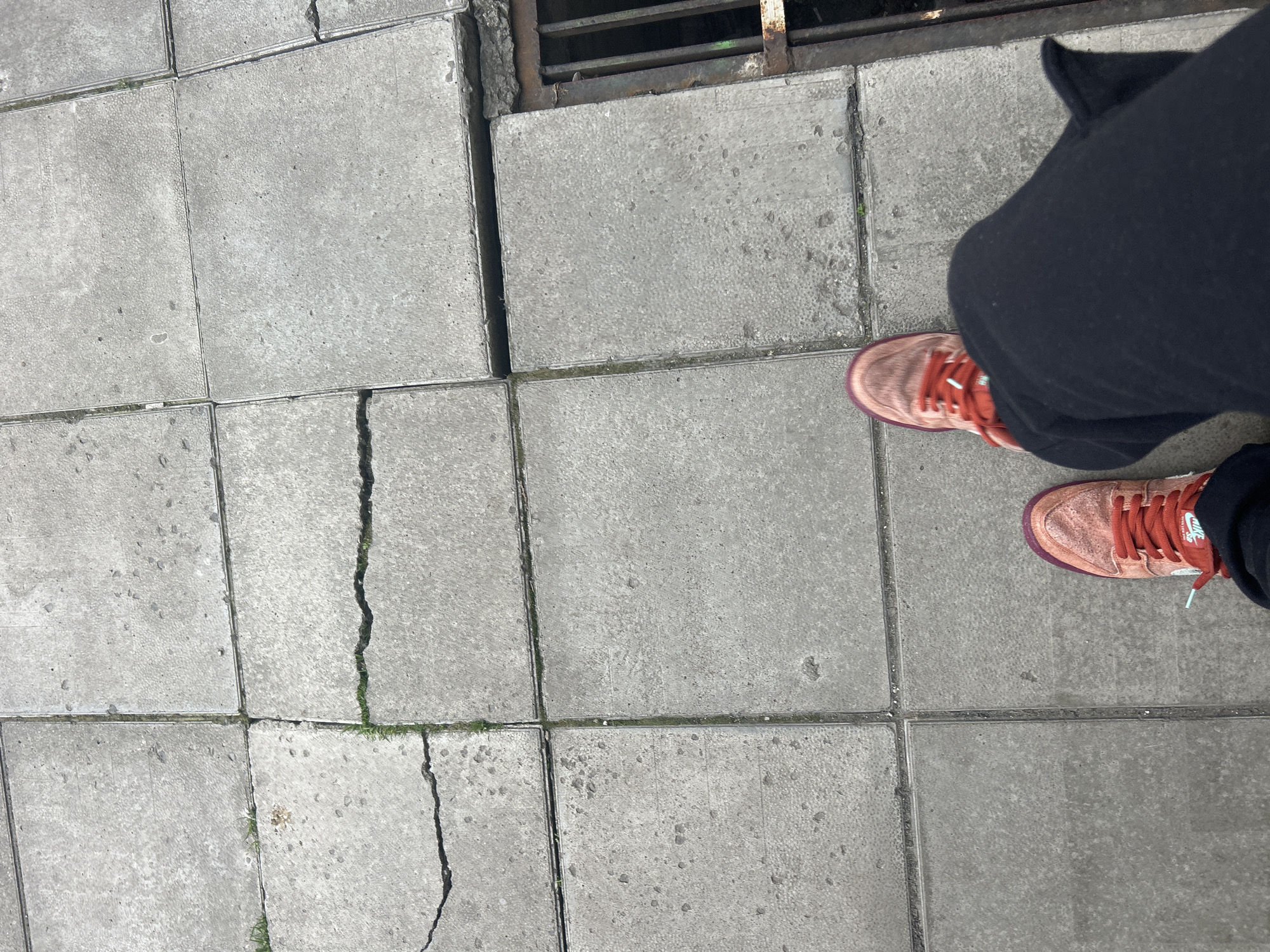 The image captures a first-person, high-angle view of a person's legs and feet standing on a paved surface, likely a sidewalk in Sofia, Bulgaria. The primary subjects are the person's lower legs, clad in black trousers or sweatpants, and a pair of two-toned orange and reddish-brown sneakers with white laces. The "NIKE SB" logo is visible on the side of the right shoe.
The ground consists of worn, light grey concrete paving slabs, arranged in a grid pattern. Many of the slabs show signs of age, with rough textures, small chips, and dark spots. Several prominent cracks run through the concrete, and small patches of green grass are visible growing within these fissures and between the slabs, indicating an outdoor setting.
In the upper right corner, a metal grate with horizontal bars is partially visible, suggesting a drain or utility access point. The lighting is bright, indicating daytime and clear weather conditions. No specific activity beyond standing or a pause in walking can be definitively determined. The overall scene conveys an ordinary urban or suburban pedestrian environment.