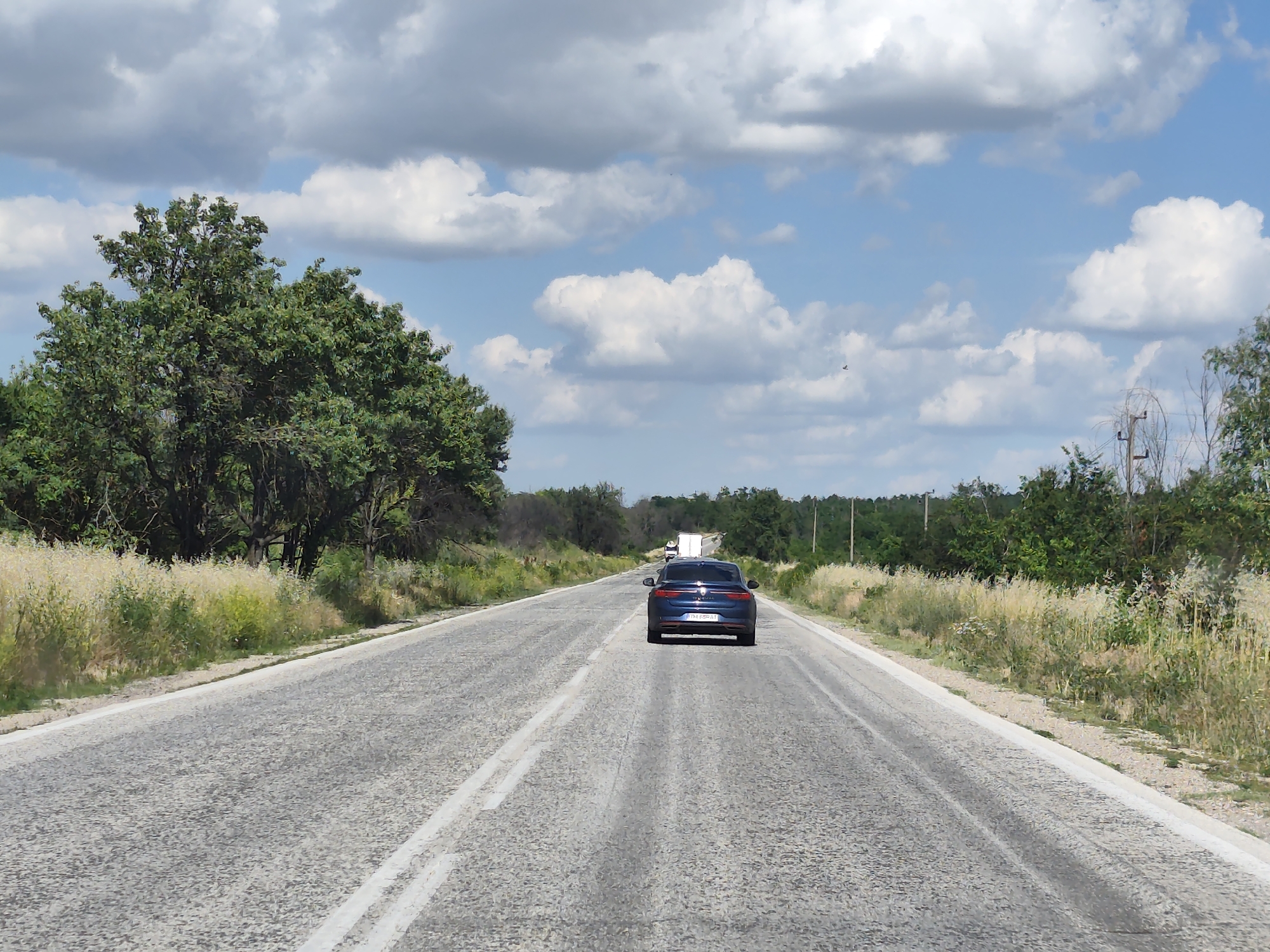 The image depicts a two-lane asphalt road stretching into the distance, flanked by overgrown vegetation and trees on either side. The sky is partly cloudy with fluffy white clouds against a blue backdrop. A dark blue sedan is the primary subject, driving away from the camera in the right lane. The car appears to be the only vehicle in the immediate vicinity. In the distance, another vehicle, possibly a truck, is visible on the road. The overall scene suggests a rural or suburban setting, possibly on a highway or main road leading out of Pleven, Bulgaria, given the context. The vegetation is lush and green, indicating a warm season. The road surface shows signs of wear and tear, with visible tire marks and cracks.