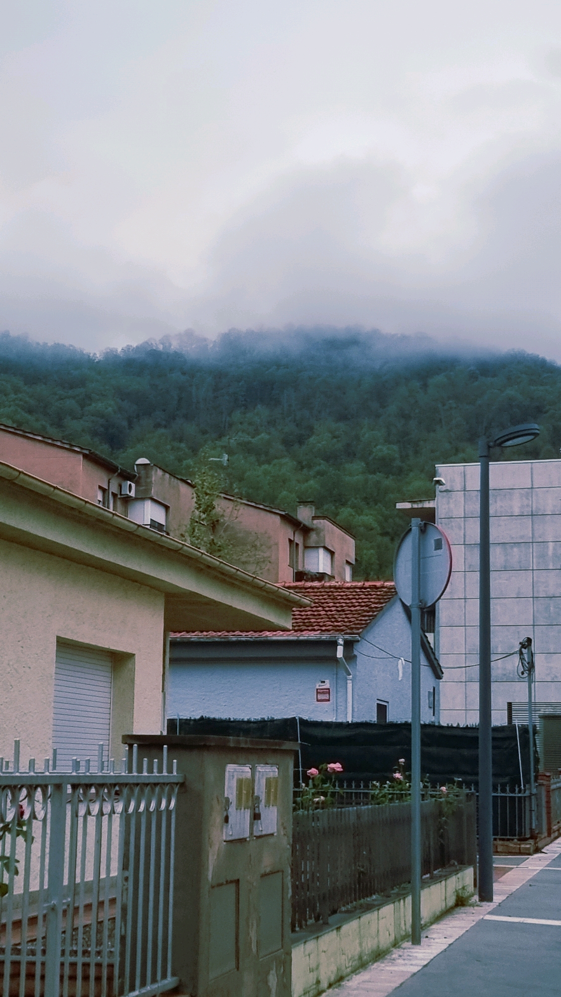 The image depicts a street scene in Sant Joan Les Fonts, Spain, characterized by a cloudy, atmospheric sky. In the foreground, a light-colored building with a gray, rolling shutter is partially visible on the left. Adjacent to it is a light gray metal fence. A concrete utility box with two visible compartments stands next to the fence. Beyond this, a dark wooden fence encloses a small garden area where pink roses are blooming. A gray sidewalk runs alongside the street. In the middle ground, several buildings are visible, including a pale yellow structure and a pinkish-tan building with chimneys and air conditioning units. A lighter blue building with a red security sign is also present. To the right, a tall, modern building with a grid pattern facade is seen, along with a streetlamp and a circular traffic sign. The background features a densely forested hillside shrouded in mist, indicating a mountainous or hilly terrain. The overall impression is one of a quiet, possibly damp, day in a residential area bordering natural landscape.