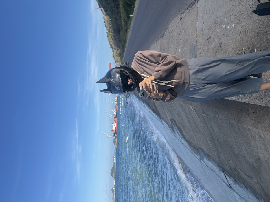 The image depicts a coastal scene in Ninh Hòa, Vietnam. A person stands facing forward, slightly turned right, on a concrete seawall bordering the sea. The individual wears a brown hooded zipper jacket, light blue wide-leg pants, and a black full-face motorcycle helmet with pointed ear-like extensions on top. The helmet's visor is partially raised, and the person is looking down at a light-colored smartphone held with both hands. To the person's left, the sea has small waves breaking against the concrete barrier. In the background over the sea, an industrial port is visible with multiple large cargo ships and several tall green and white cranes. Further left, low-lying hills or islands extend into the distance. To the person's right, an asphalt road runs parallel to the seawall, backed by a sparsely vegetated hillside. A distant figure on a motorcycle is visible on the road. The sky is clear blue with minimal clouds. The lighting indicates daytime conditions.