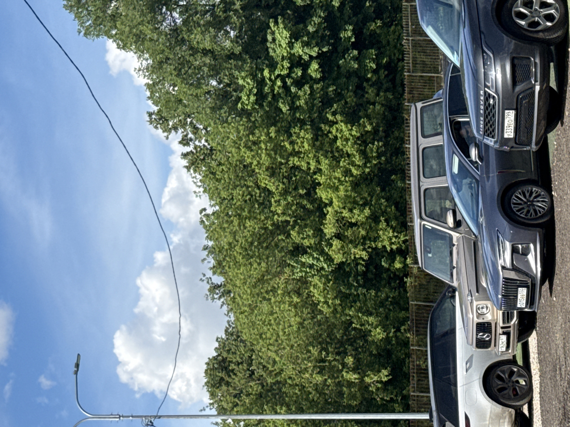 The image shows a street scene in what is likely Moscow, Russia, given the license plates on the vehicles. There are four parked vehicles in a row. The vehicles are various models of Range Rovers and Mercedes G-wagons. The license plates are Russian. In the background is a green leafy tree and a blue sky with clouds. A lamppost is also visible.