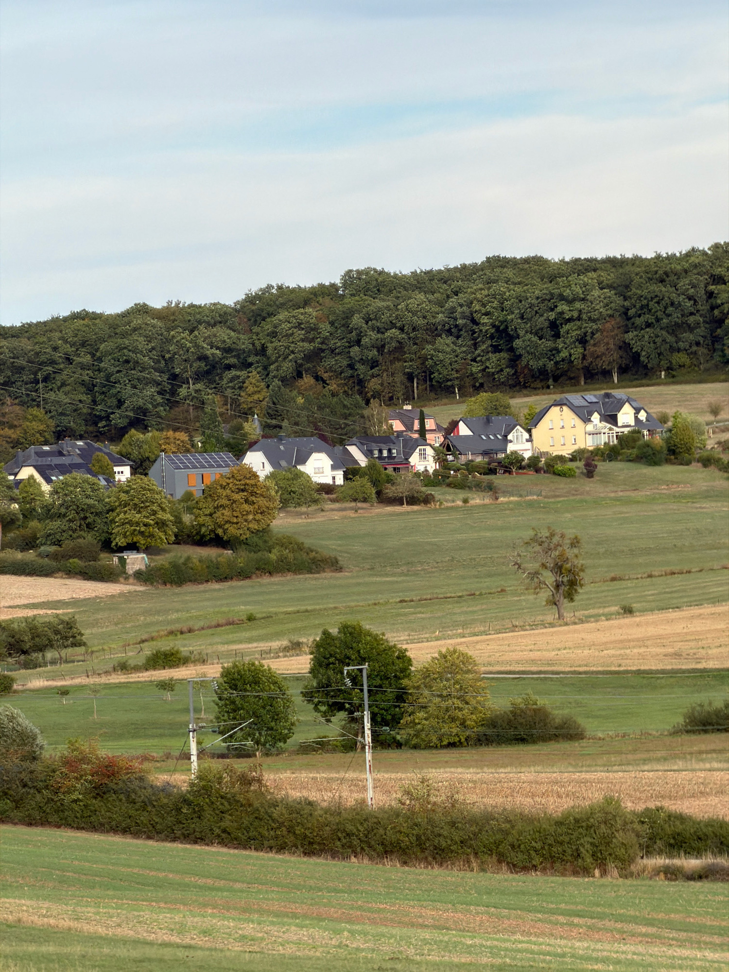 This image shows a rural landscape with several houses nestled among trees and rolling fields. The houses are of varying architectural styles, with some featuring dark roofs and others lighter-colored facades. One house has solar panels on its roof. The landscape is characterized by green fields, some with harvested crops, and a dense line of trees forming a backdrop to the houses. Power lines are visible across the fields. The sky is mostly clear with some wispy clouds. The image appears to be taken from an elevated position, looking down over the scene. The location is identified as Olingen, Luxembourg.