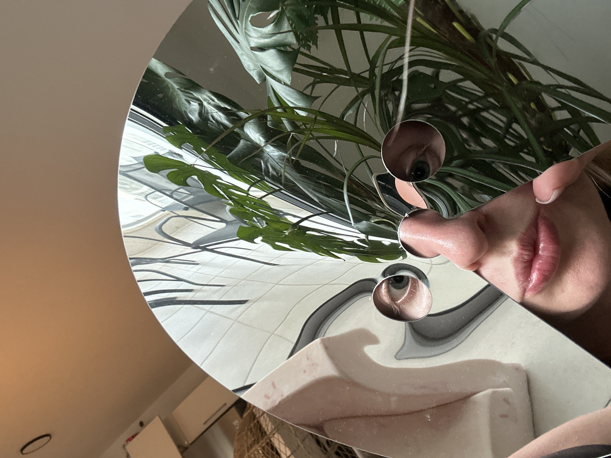 The image is a close-up, distorted reflection in a mirror, creating a surreal portrait. A person's eyes, nose, and lips are visible through circular cutouts in the mirrored surface. The reflection also captures a wall with a black and white abstract pattern, a lush green houseplant, and a piece of beige furniture. The lighting suggests an indoor setting. No specific location in Petah Tikva, Israel, can be identified from the image.