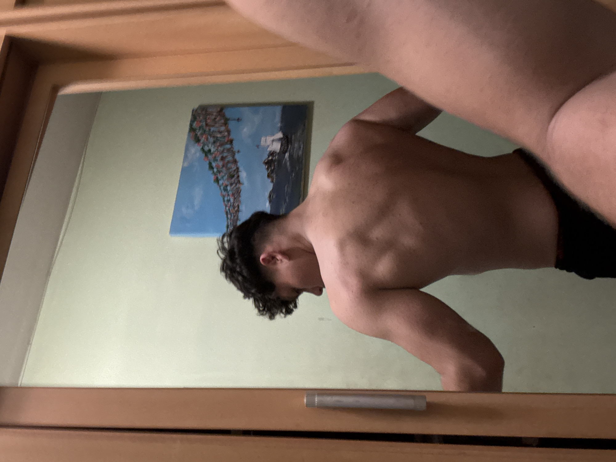 A shirtless man is reflected in a mirror, which is framed by a wooden door or furniture. The man has dark curly hair and is wearing black underwear. He is leaning forward, displaying his back and upper arms. Behind him, visible in the reflection, is a wall with a framed picture. The picture appears to depict a tall, ornate structure, possibly a bridge or tower, with figures along its length and a sailboat in the background. The wall is a light, neutral color. The reflection suggests the man is indoors, likely in a private residence. There is no information in the picture to suggest that the location is in Sofia, Bulgaria.