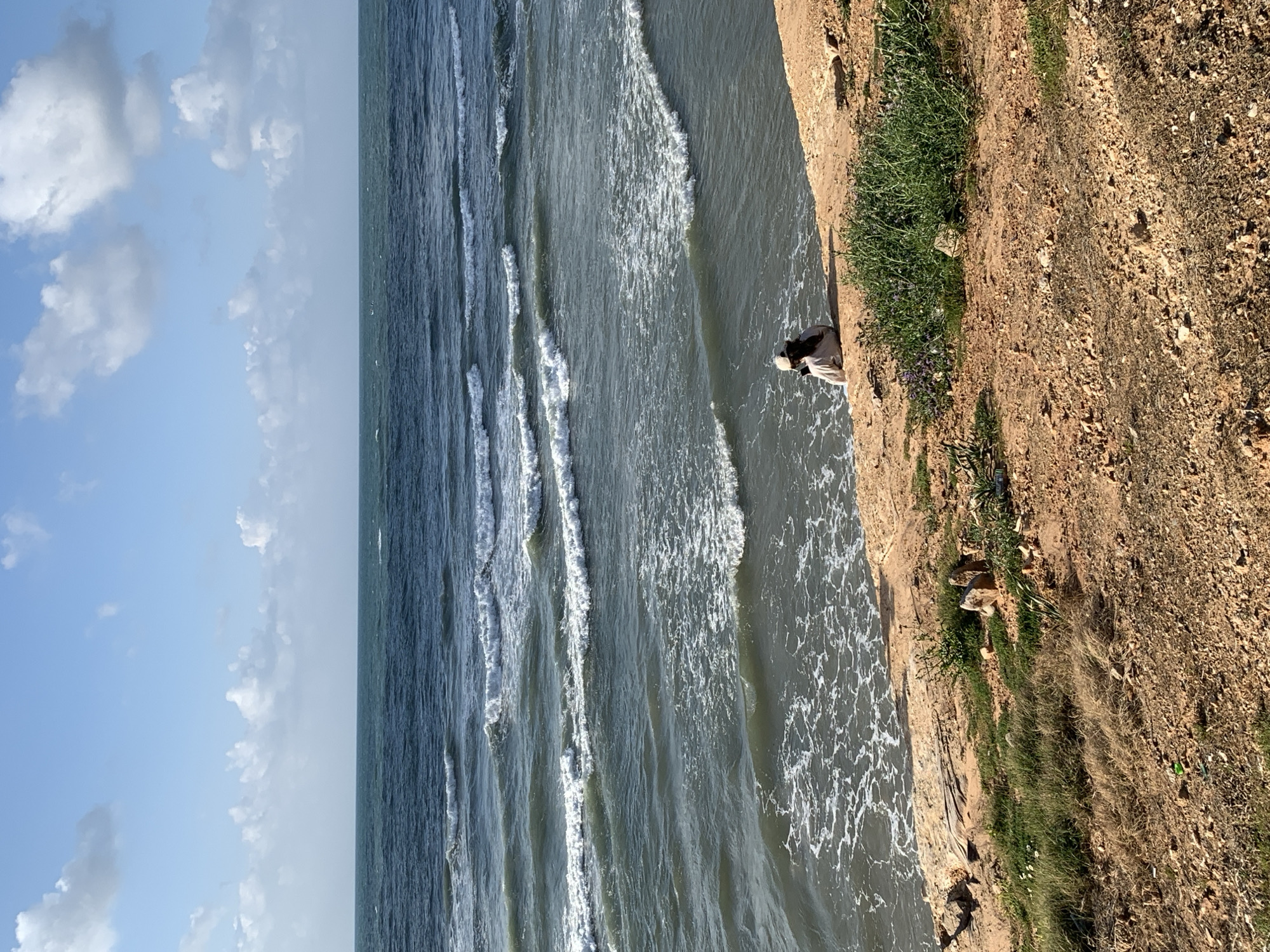 A high-angle outdoor photograph depicts a lone individual seated on a reddish-brown earth and rock cliff overlooking the Mediterranean Sea under a partly cloudy blue sky. The scene is consistent with the coastal cliffs found at the northern end of Tel-Aviv, Israel, such as those near Tel Baruch Beach.
The sky occupies the upper quarter of the frame, featuring light blue hues with several dispersed white cumulus clouds. The sea, a dark blue-green, fills the middle ground and extends to the horizon, exhibiting numerous white-capped waves breaking and receding towards the shore. White foam is visible where the waves meet the base of the cliff.
In the lower foreground, a person is seated on the cliff edge, facing away from the viewer and towards the sea. The individual wears a light-colored, possibly off-white, long-sleeved garment and a matching light-colored baseball cap. They are holding a dark, rectangular object, consistent with a smartphone, in their hands, suggesting interaction with the device while observing the sea.
The cliff face itself consists of arid, reddish-brown soil and small stones. Patches of green vegetation, including grass and some plants with small purple flowers, are scattered across the cliff edge, particularly around the seated individual. No other distinct man-made objects or structures are visible on the land within the frame.