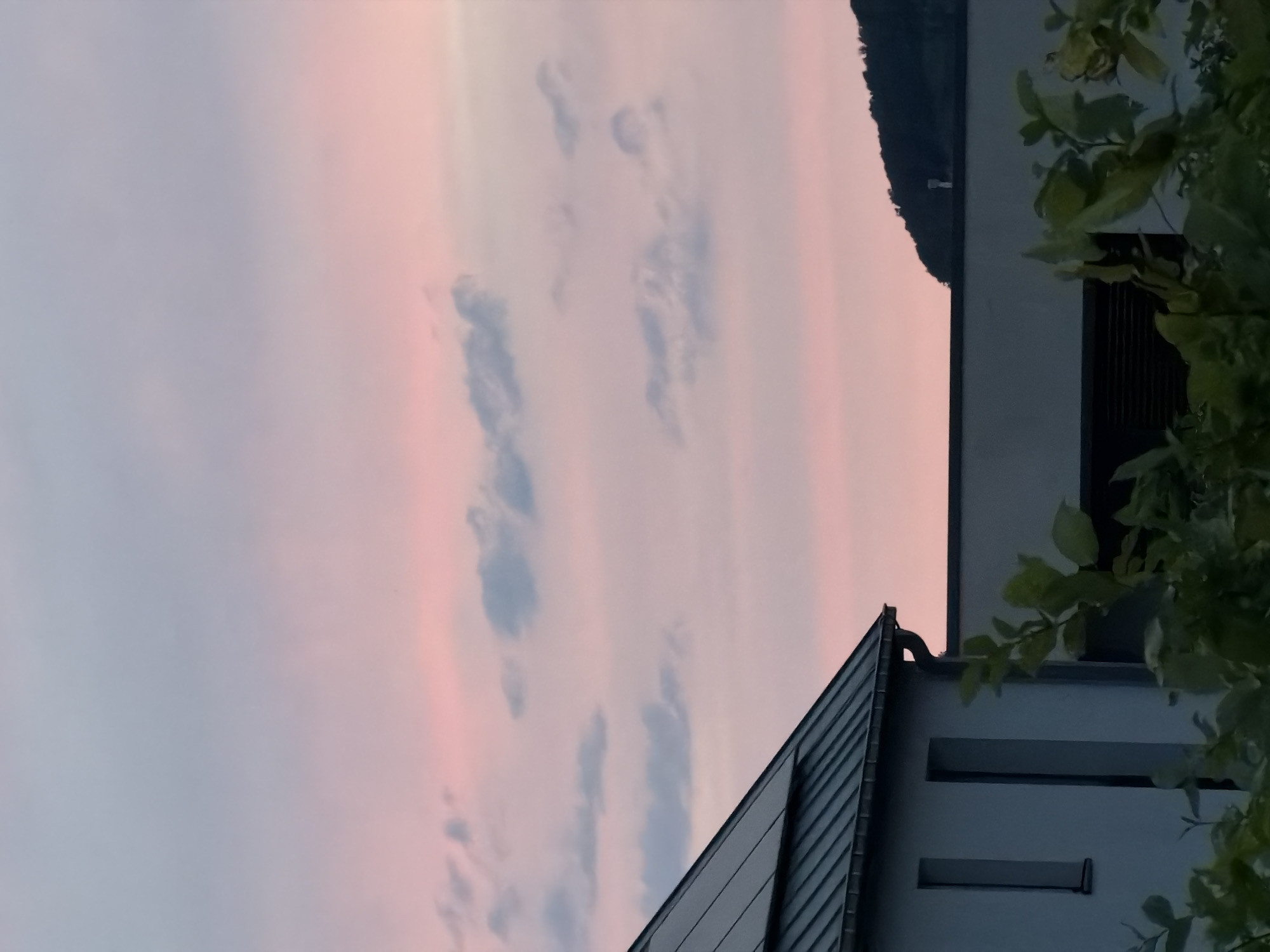 The image depicts a suburban scene in Junglinster, Luxembourg, during a twilight hour. The sky is a gradient of soft pink and pale blue, with scattered light gray clouds. In the foreground, the angled roof of a modern house with dark gray, corrugated metal roofing and integrated solar panels is visible on the left. The house has white walls and two tall, narrow, vertically oriented windows or openings. Adjacent to this house, another building with a flat, dark roof is present. Beyond the buildings, a dark, tree-covered hill rises in the background. In the very bottom foreground, out-of-focus green foliage suggests the presence of a garden or trees. The overall impression is one of a tranquil residential setting bathed in the soft light of dusk.