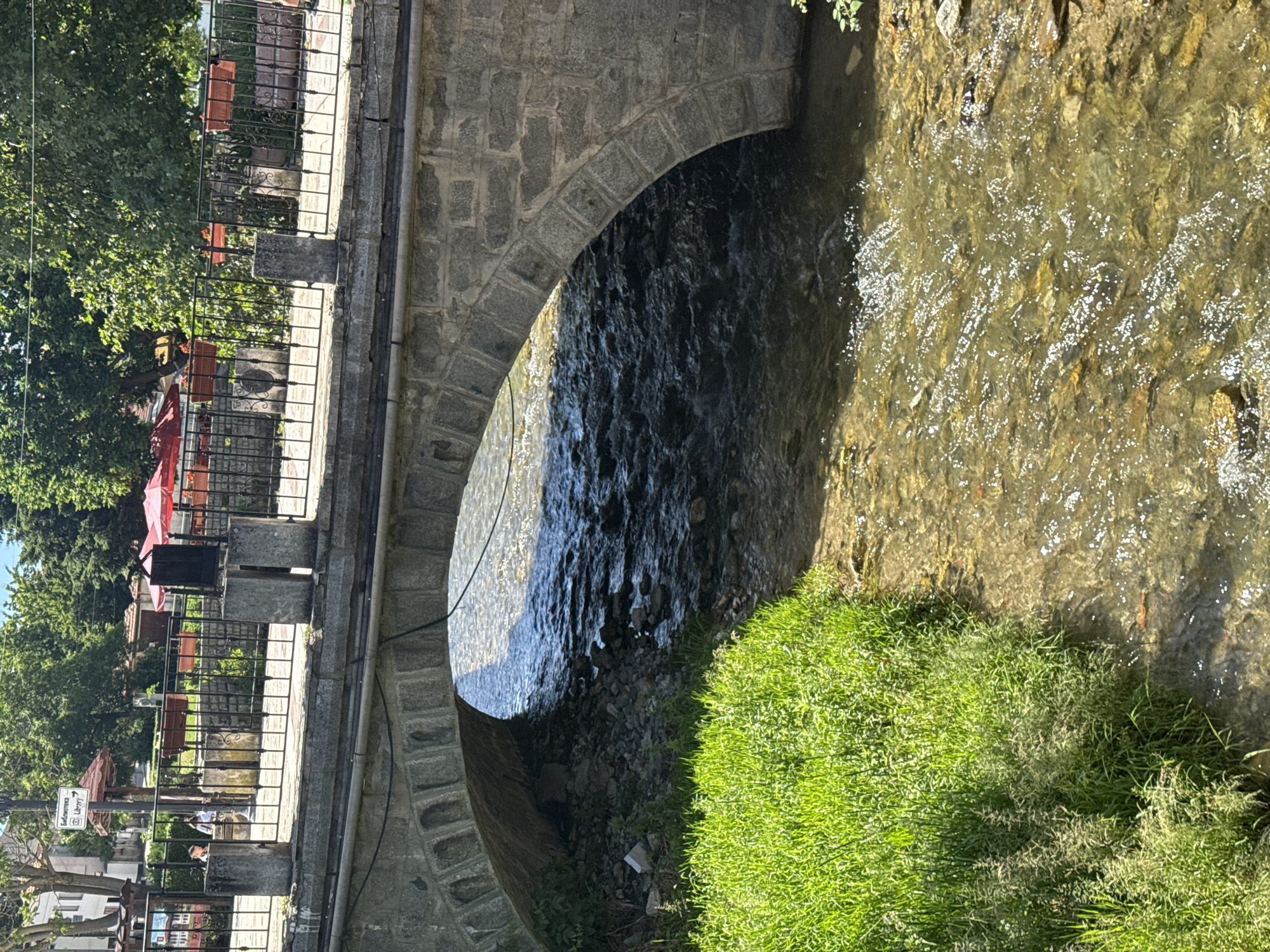 A stone bridge spans a shallow, rocky river. Lush green grass grows on the left bank. On the other side of the bridge, people stroll along a paved path bordered by a black metal fence. Beyond the fence, red umbrellas shade tables at an outdoor cafe. Trees form a dense canopy overhead, and buildings are visible in the distance. A sign on a pole indicates "Library". The scene is bathed in bright sunlight.
