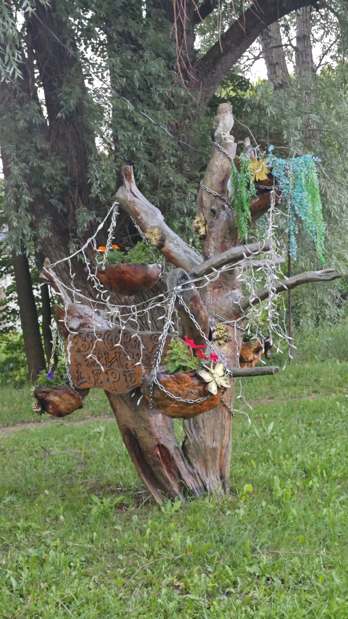 A decorative wooden sculpture, resembling a tree, stands in a grassy area. The sculpture is adorned with multiple wooden bowls suspended by chains, some of which contain small plants and flowers. White fairy lights are draped around the sculpture. A wooden sign with Cyrillic lettering is attached to one of the bowls. A ceramic owl figurine is perched on the top of the sculpture. The background consists of trees and foliage. The image is taken in Aleksandrovo, Russia.