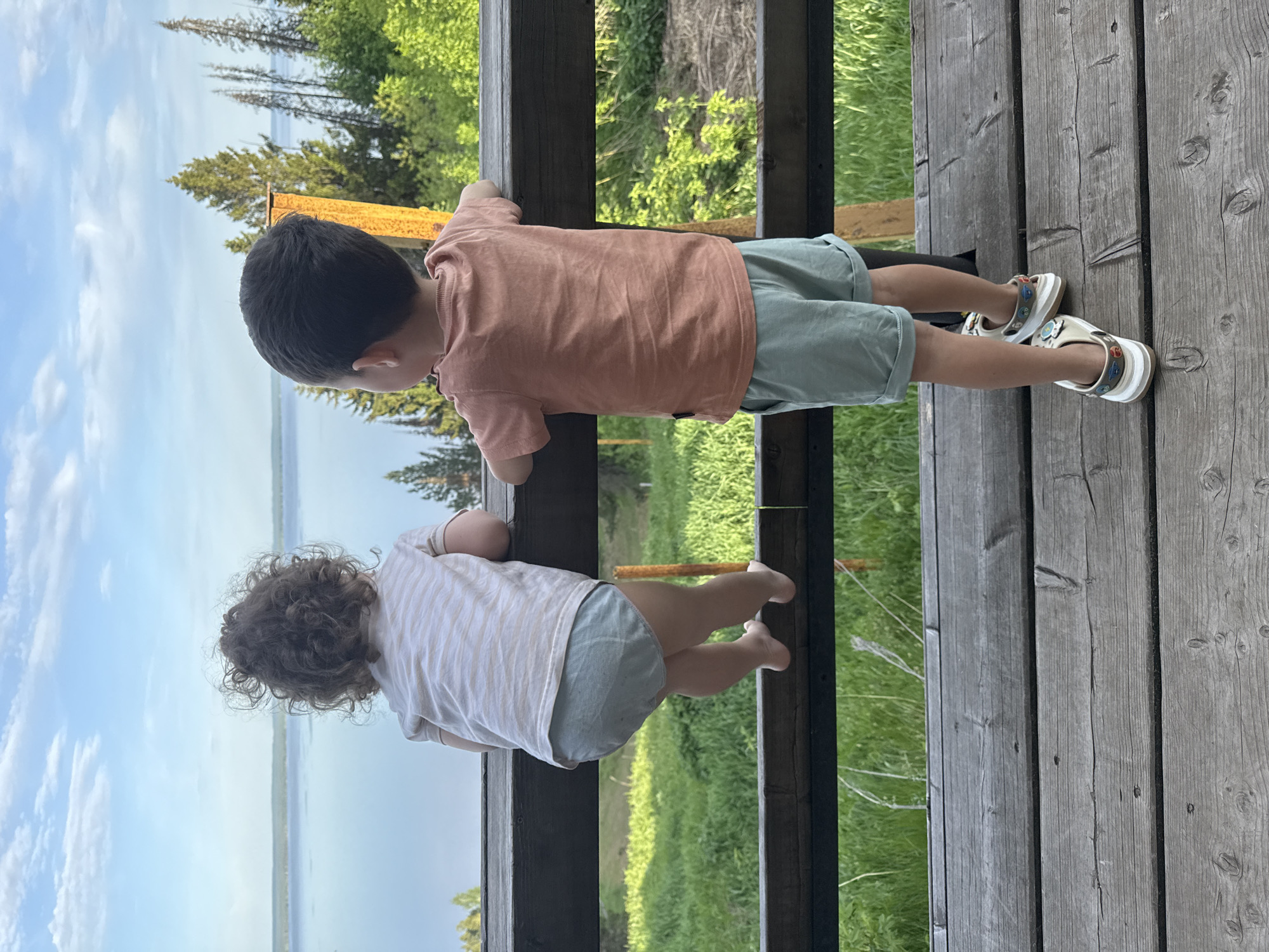 Two children are standing on a wooden deck or platform, looking out over a body of water with trees in the background. The child on the right is wearing a peach-colored shirt, light green shorts, and white sandals. The child on the left is wearing a striped shirt and light green shorts and is barefoot. The children are holding onto a wooden railing. The deck appears to be made of gray wooden planks. The location is in Галево, Russia.