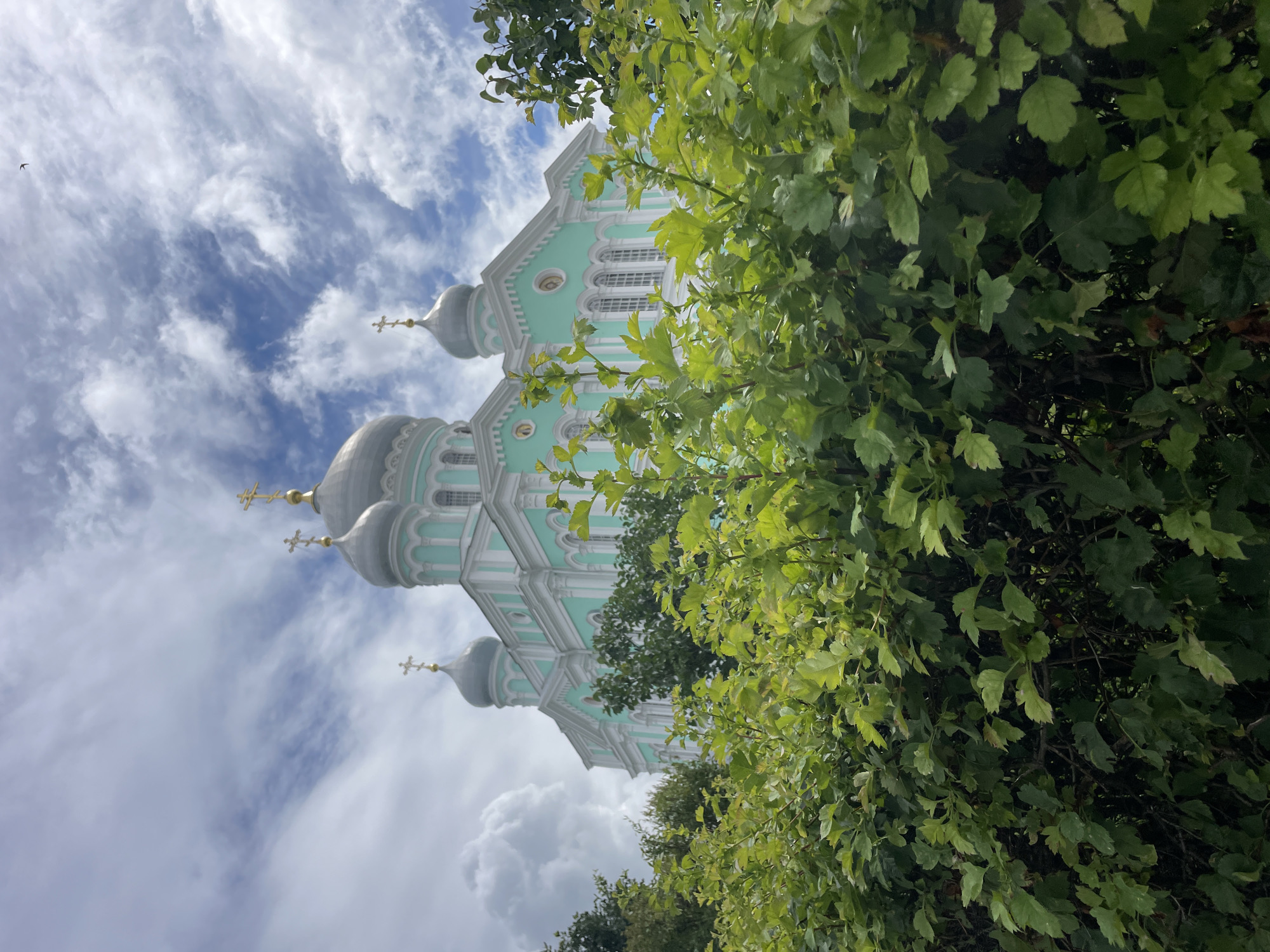 The image shows a large, light teal and white church with several silver domes topped with gold crosses. The church is viewed from a low angle, with lush green foliage in the foreground obscuring the lower portion of the building. The sky is partly cloudy with wispy white clouds against a blue background. The church is the Seraphim-Diveyevo Monastery, located in Diveyevo, Russia. No people are visible in the image.