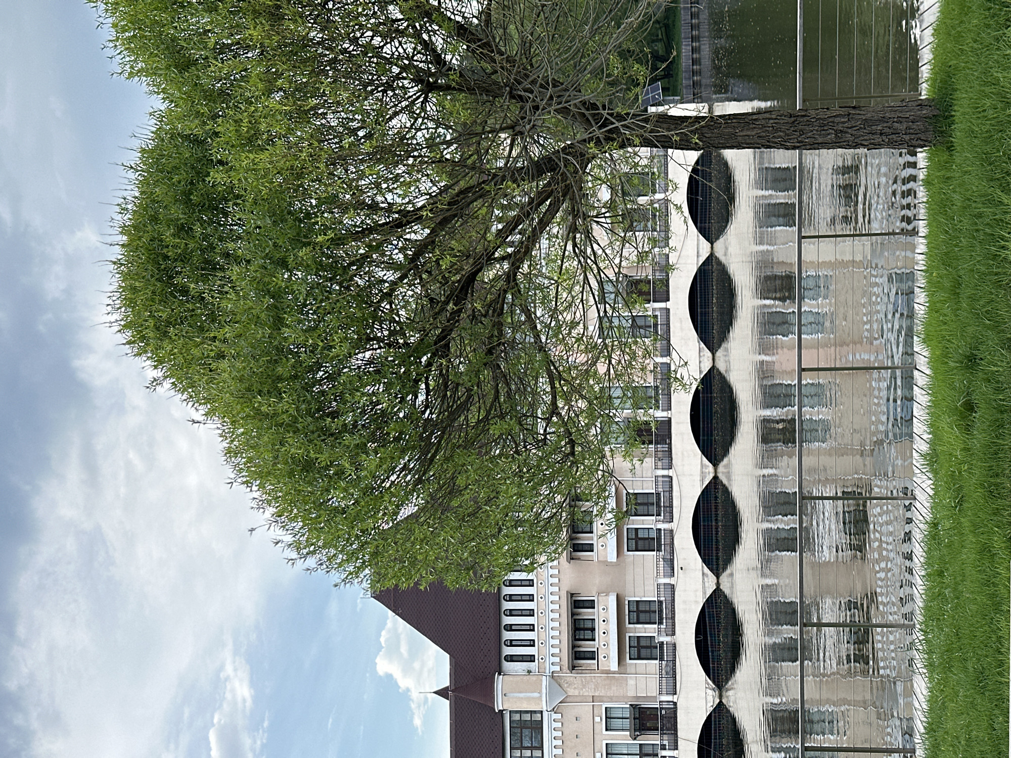 A landscape photograph depicts a tree with lush green foliage beside a building featuring a wavy or corrugated exterior, likely located in the city of Moscow, Russia. The building's design includes a series of rounded, dark recesses that are evenly spaced along its length, giving it a distinctive architectural element. A grassy area is visible beside the building, and what appears to be a body of water or reflective surface is located above it. The presence of the tree's trunk aligns with the water's edge, potentially indicating proximity to a pond or lake. The sky, filled with scattered clouds, is visible in the upper left portion of the frame.