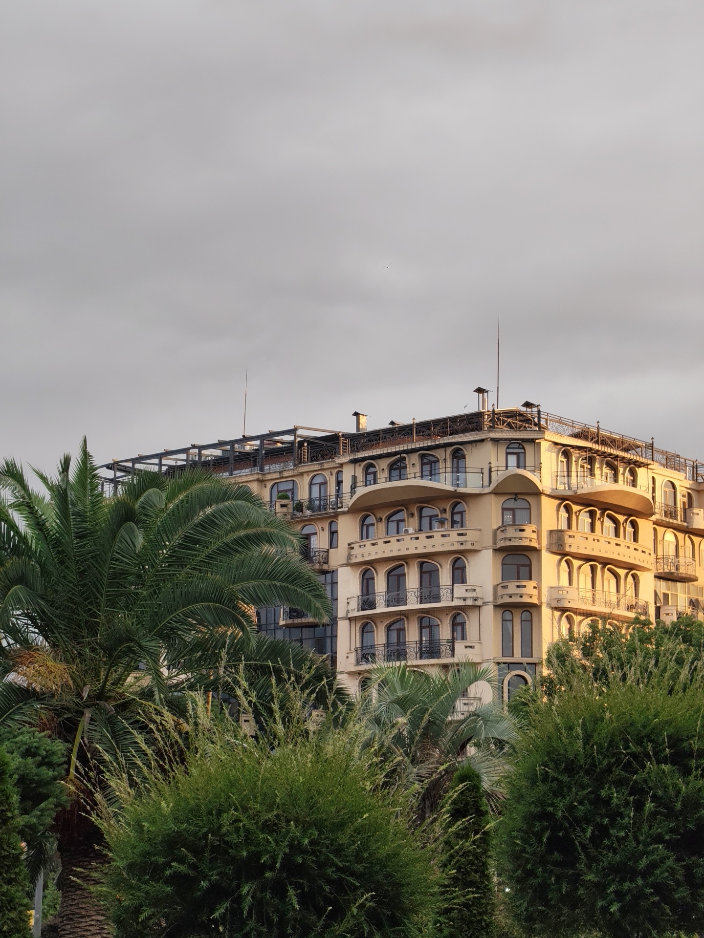 A multi-story building with cream-colored facade and arched windows is set against a cloudy sky. The building has balconies with decorative railings and a flat roof structure. In the foreground, palm trees and lush green foliage obscure the lower portion of the building. The scene suggests an outdoor setting, possibly in a city like Batumi, Georgia, known for its coastal architecture and vegetation. The lighting indicates it may be late afternoon or early morning, with the sun casting a warm glow on the building. No people or discernible actions are visible.