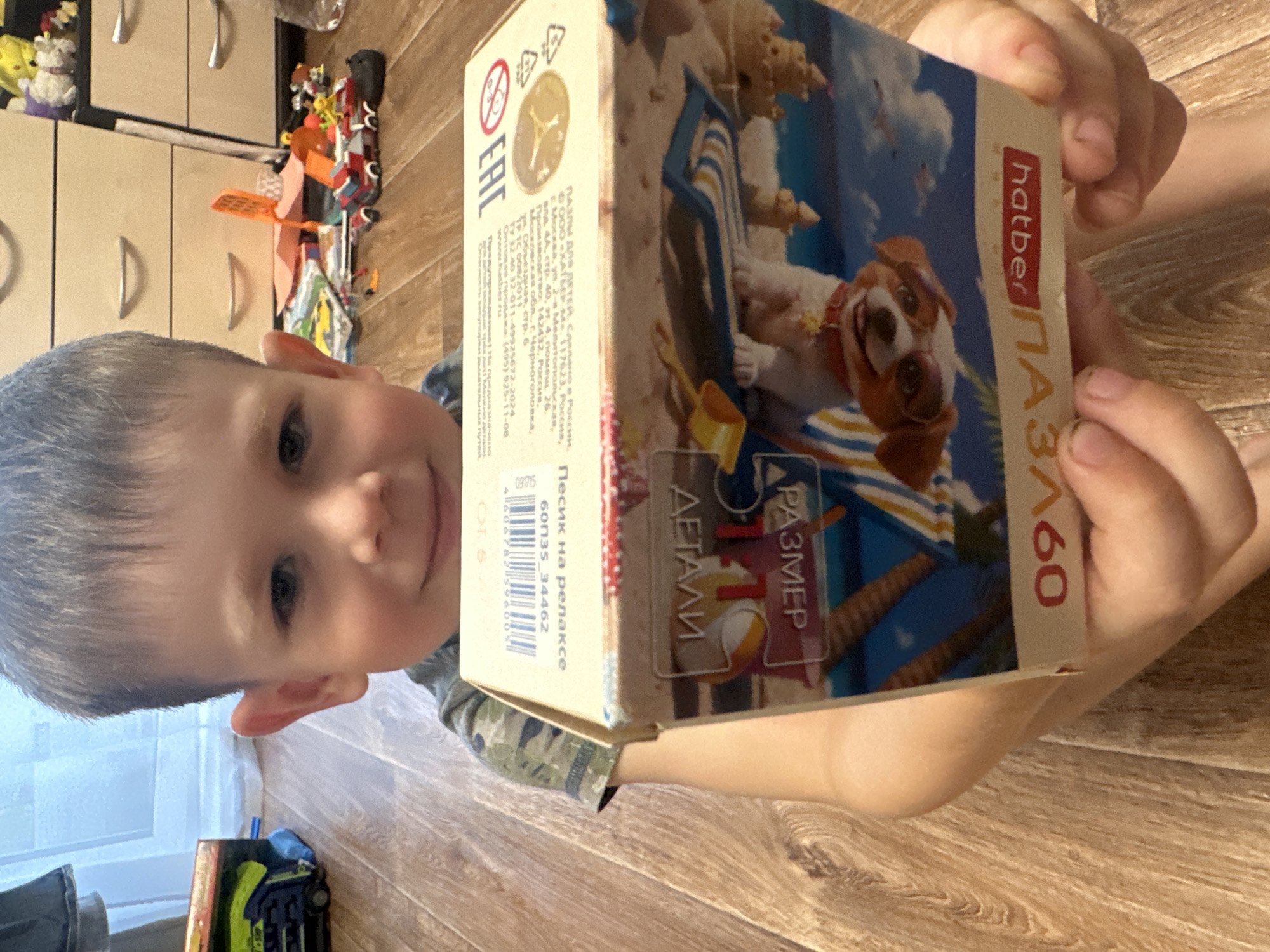 A young boy with short brown hair and a camouflage t-shirt is holding a cardboard box in front of him. The box is yellow and has an image of a dog wearing sunglasses on a beach. The text on the box is in Russian and appears to be related to children's toys. The boy is looking at the camera with a slight smile. The background is a wooden floor and a white curtain. The image seems to be taken indoors. There are some toys and furniture visible in the background, suggesting a home environment. There is no specific information to locate this scene in Novoaltaysk, Russia.