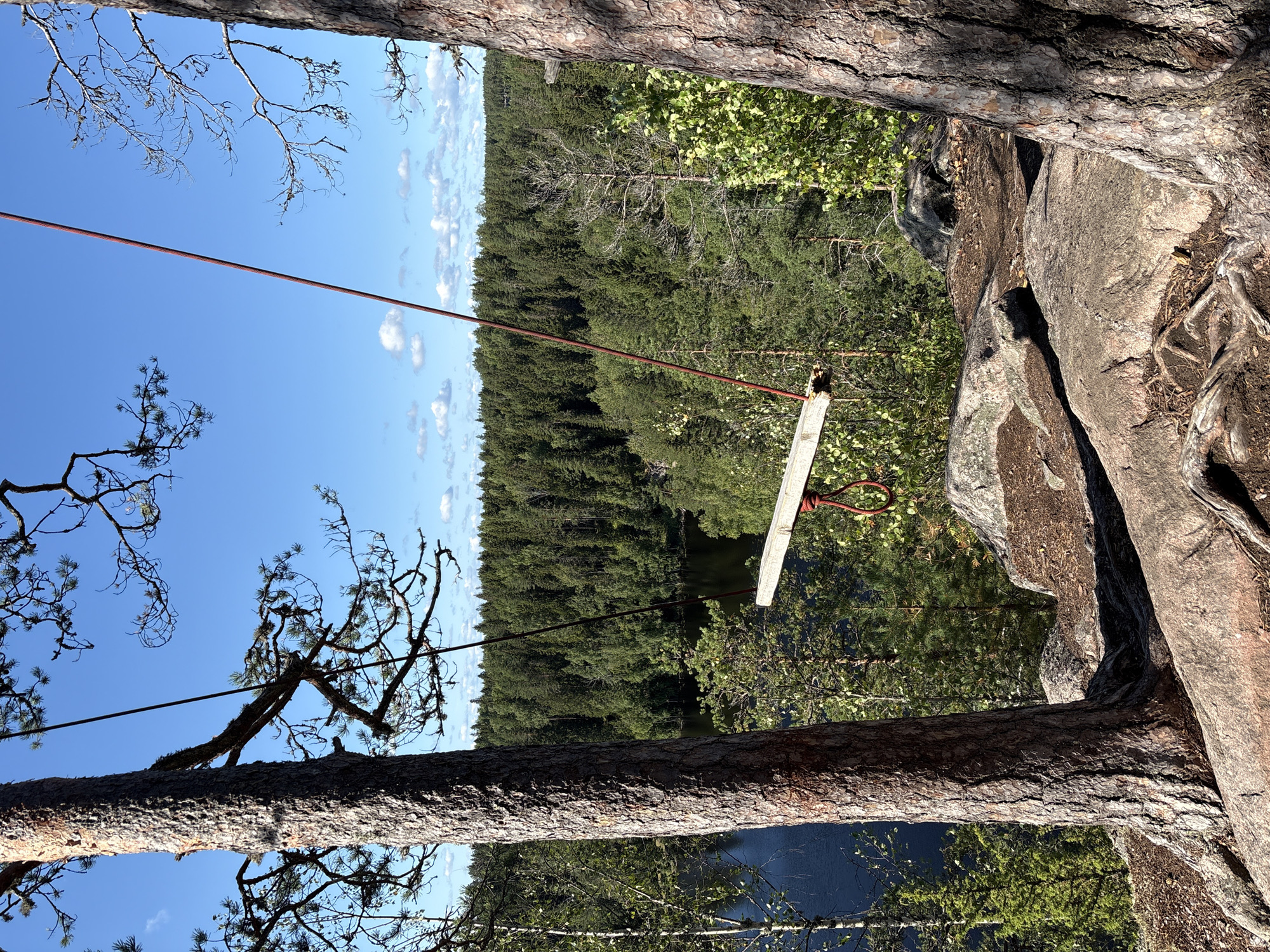 In Kir'yavalakhti, Russia, on a bright, clear day, a swing hangs precariously from a thick rope attached to a tall tree. The swing's seat is a weathered wooden plank, suspended over a rocky cliff edge. Below, a vast expanse of dense green forest stretches to the horizon, interrupted only by the dark, calm waters of a lake. The sun casts long shadows, highlighting the rough texture of the rocks and tree trunks.